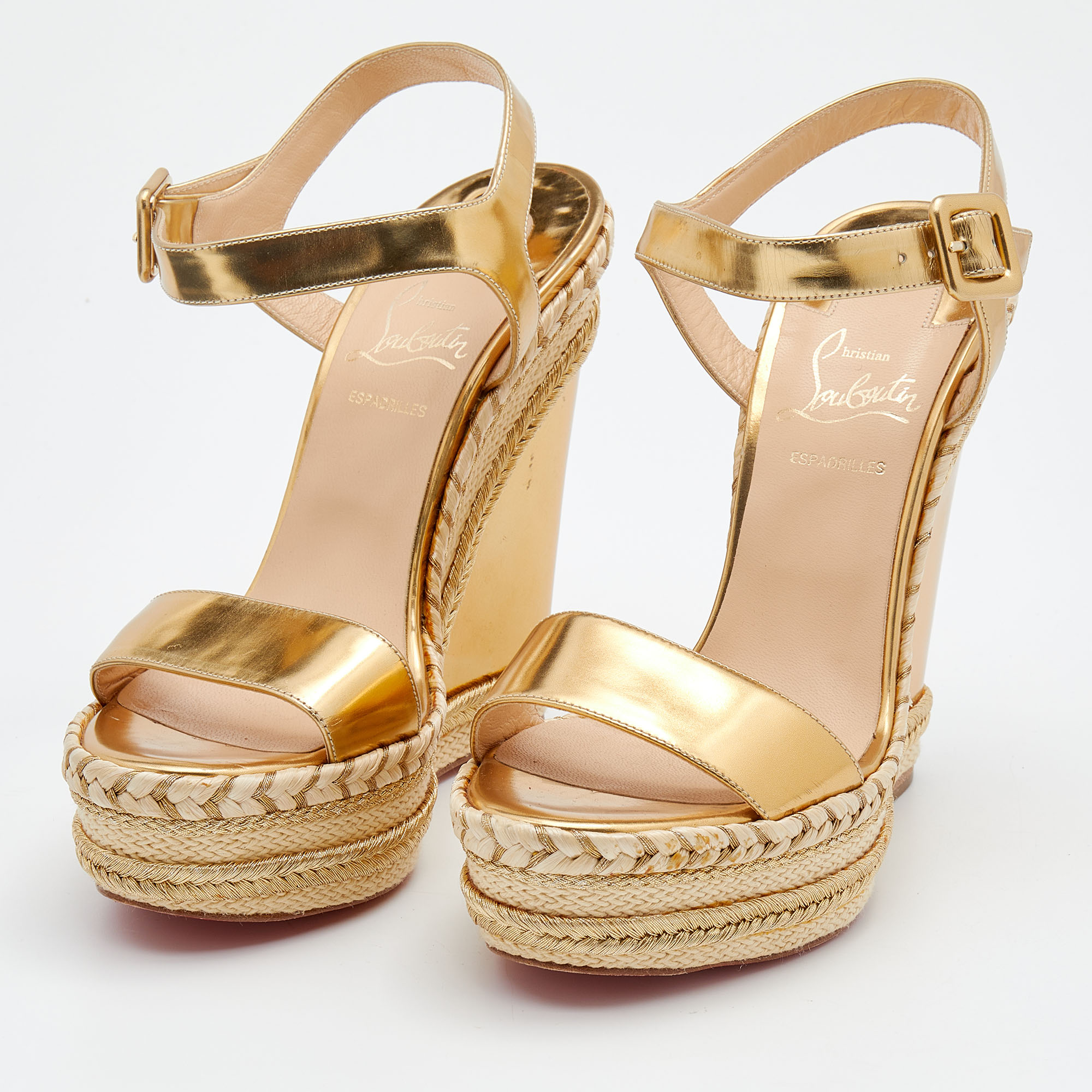

Christian Louboutin Metallic Gold Leather New Duplice Ankle Strap Wedge Platform Sandals Size