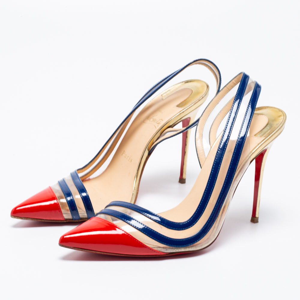 

Christian Louboutin Red/Navy Blue Patent Leather and PVC Paralili Slingback Pumps Size