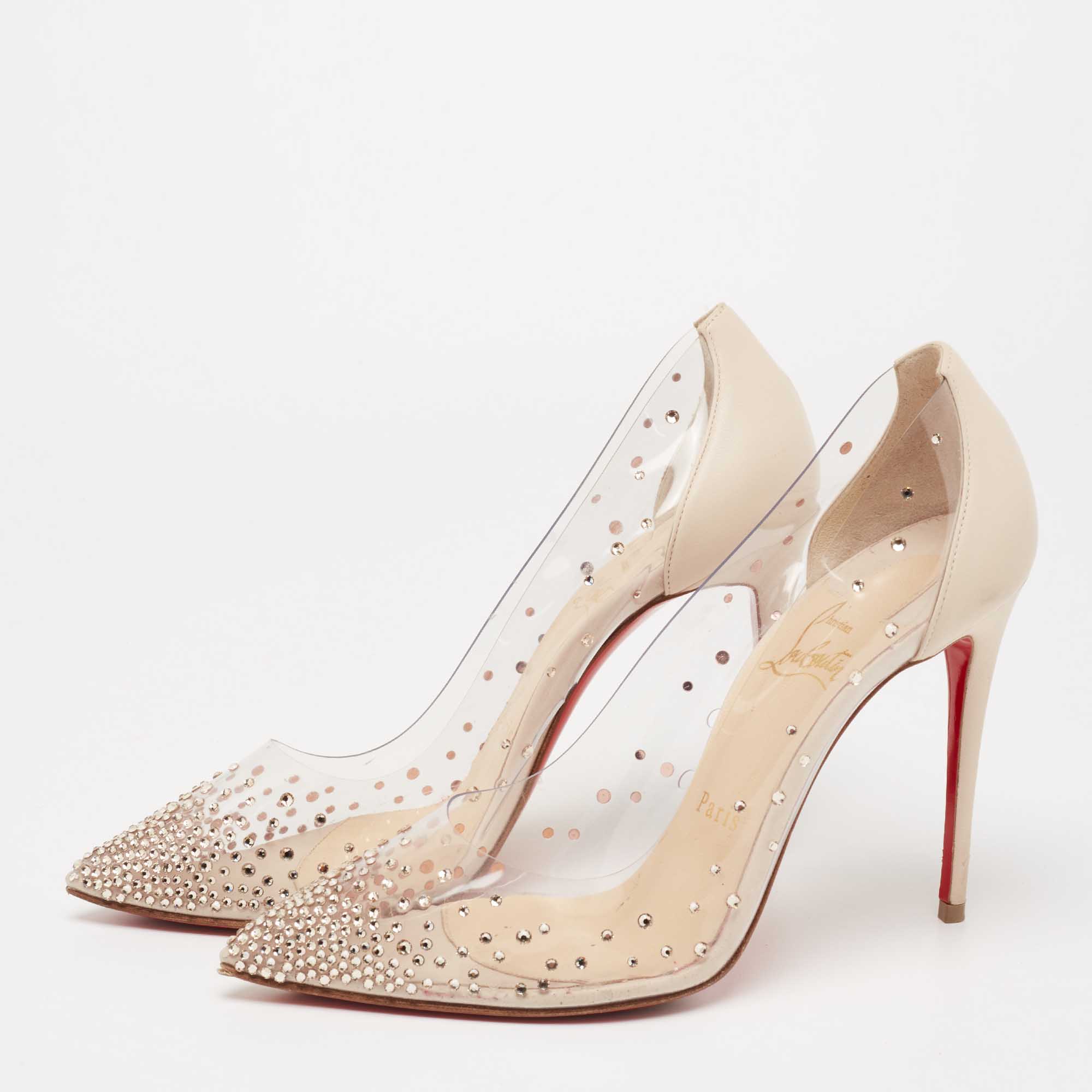 

Christian Louboutin Off-White Leather Crystal Embellished Pointed Toe Degrastrass Pumps Size