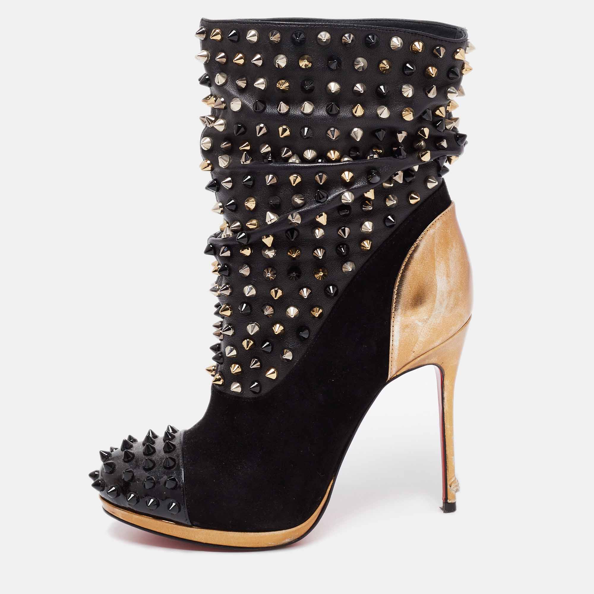 

Christian Louboutin Black/Gold Suede, Patent and Leather Spike Wars Ankle Booties Size