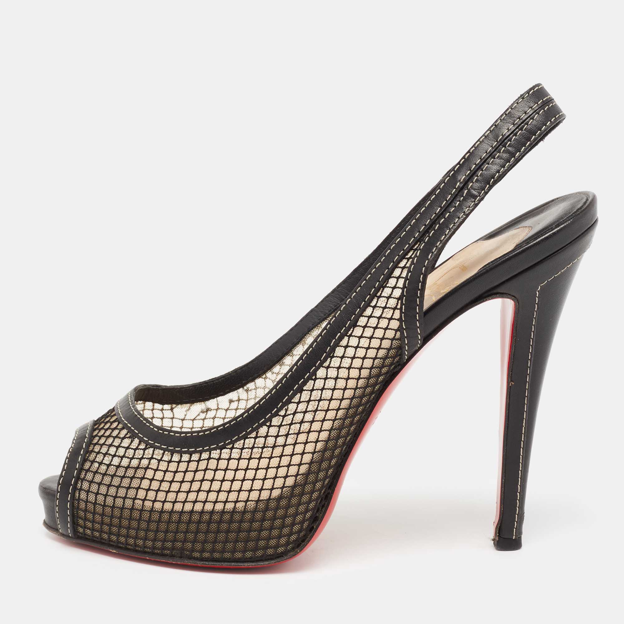 

Christian Louboutin Black Fishnet and Leather Canne A Peche Slingback Peep-Toe Pumps Size