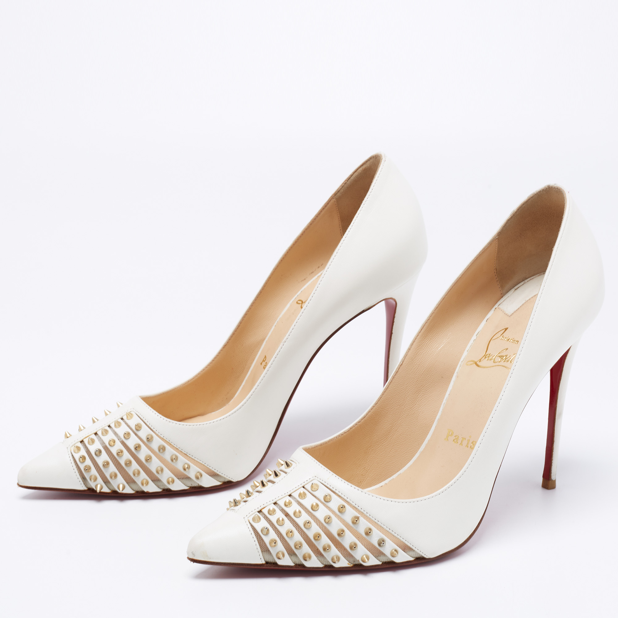 

Christian Louboutin White Leather Bareta Spike Accents Pointed Toe Pumps Size