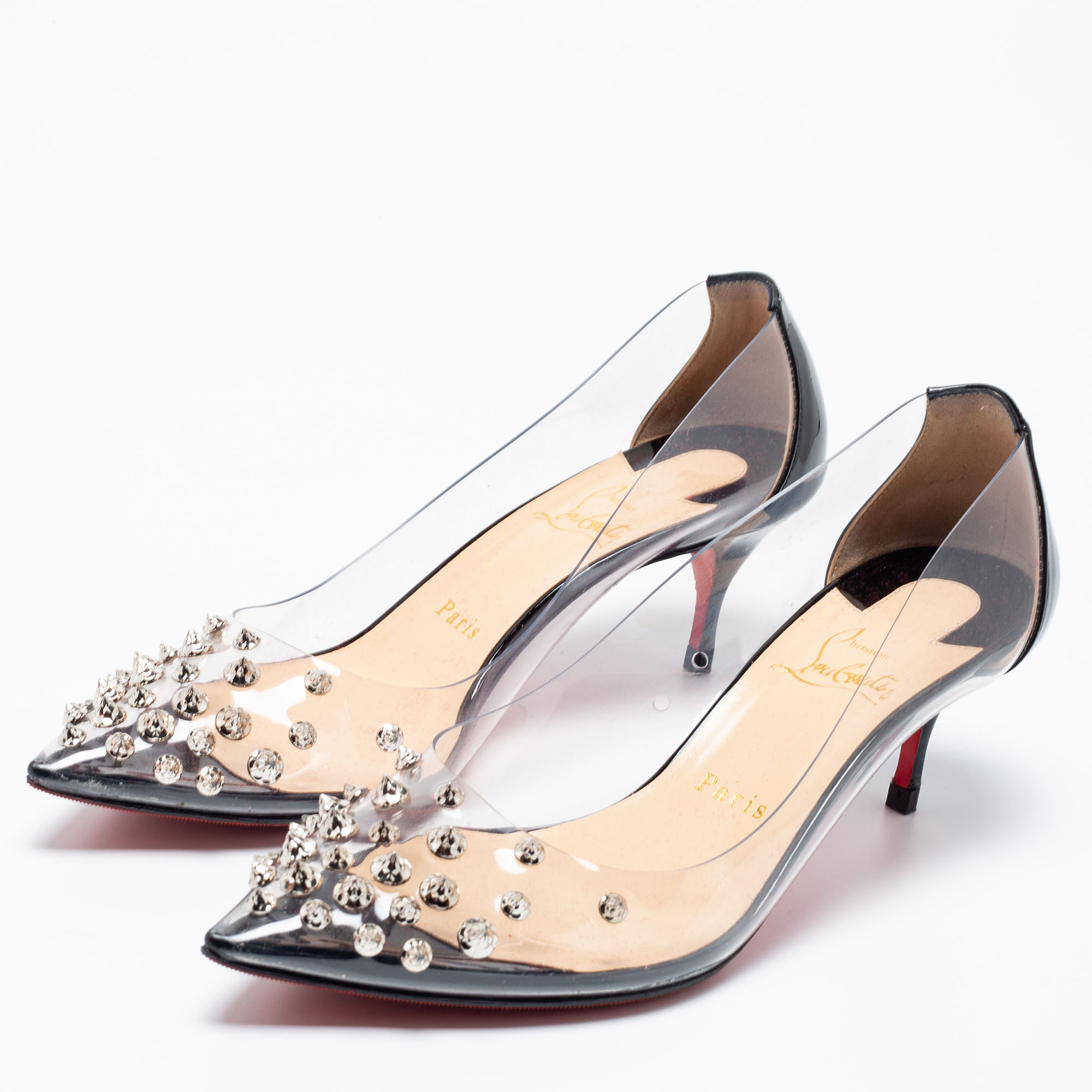 

Christian Louboutin Black Patent Leather And PVC Collaclou Spike Pointed Toe Pumps Size