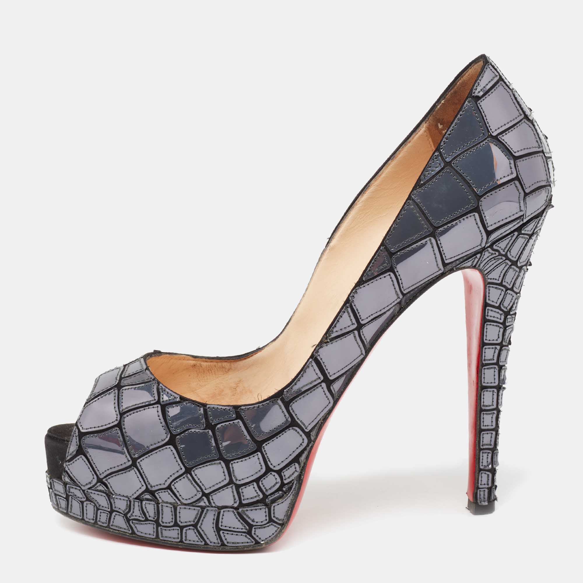 Pre-owned Christian Louboutin Slate Grey/black Patent Leather And Satin Mosaic Sobek Peep-toe Platform Pumps Size 39