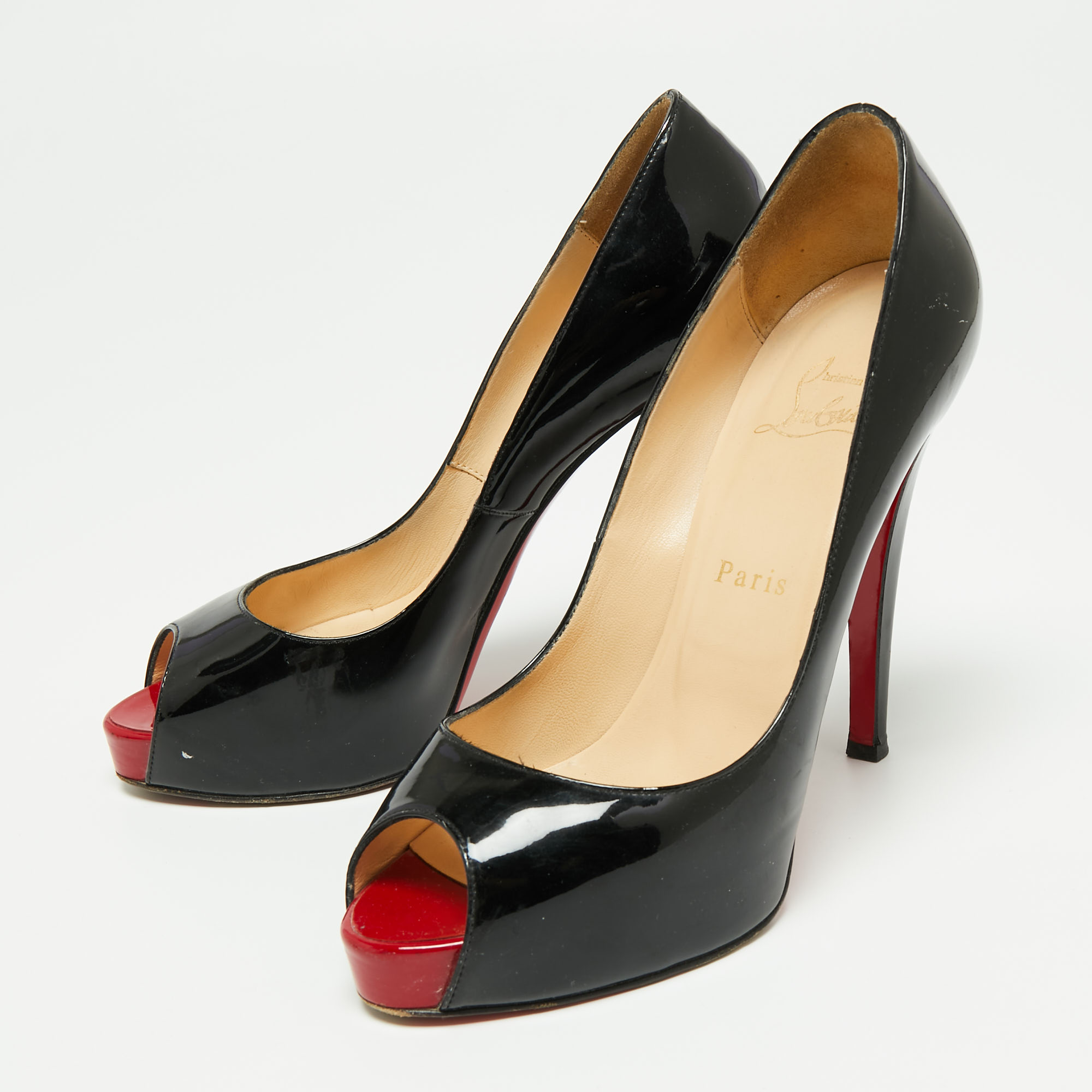 

Christian Louboutin Black Patent Leather Very Prive Peep-Toe Pumps Size