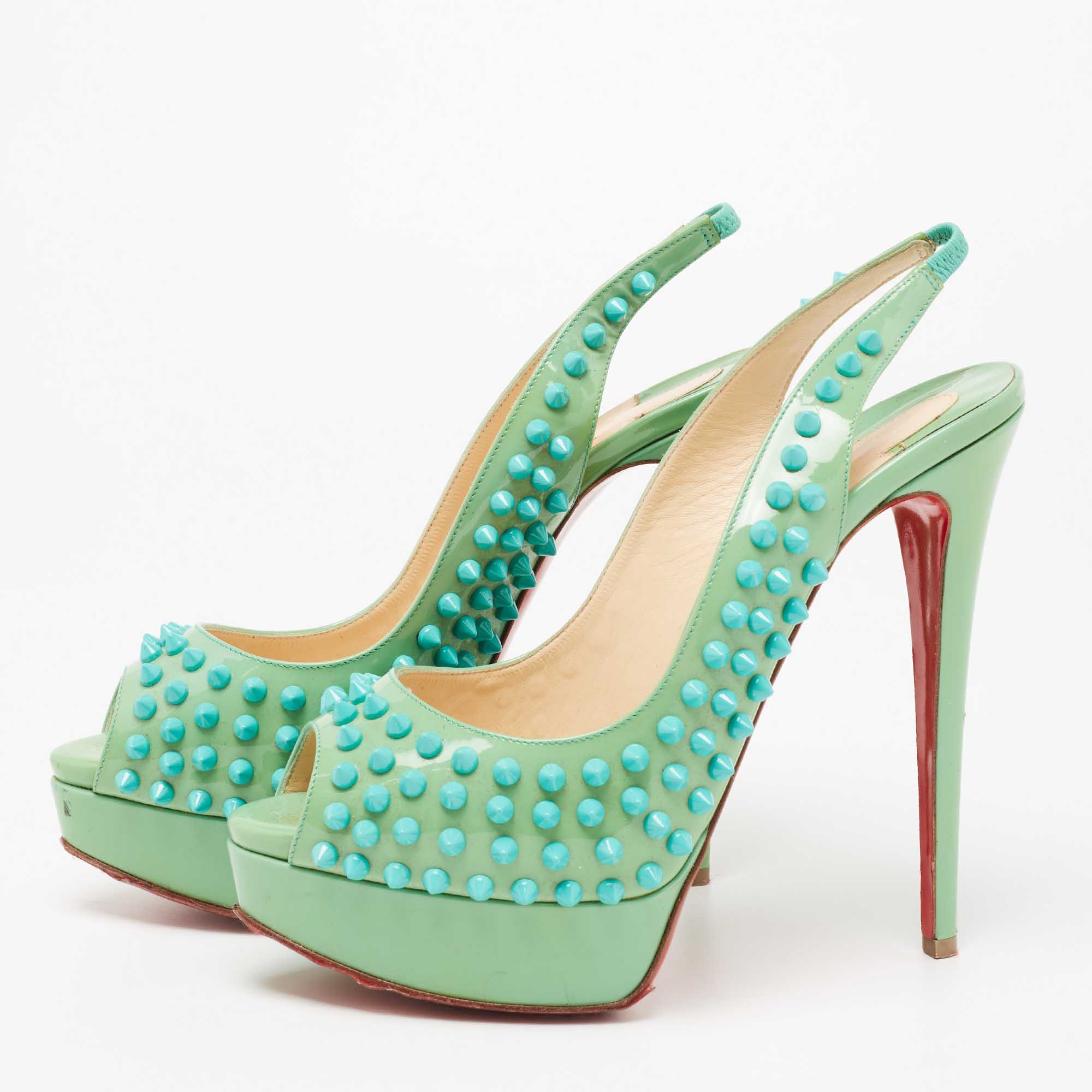 

Christian Louboutin Green Patent Leather Lady Peep Spike Platform Slingback Sandals Size