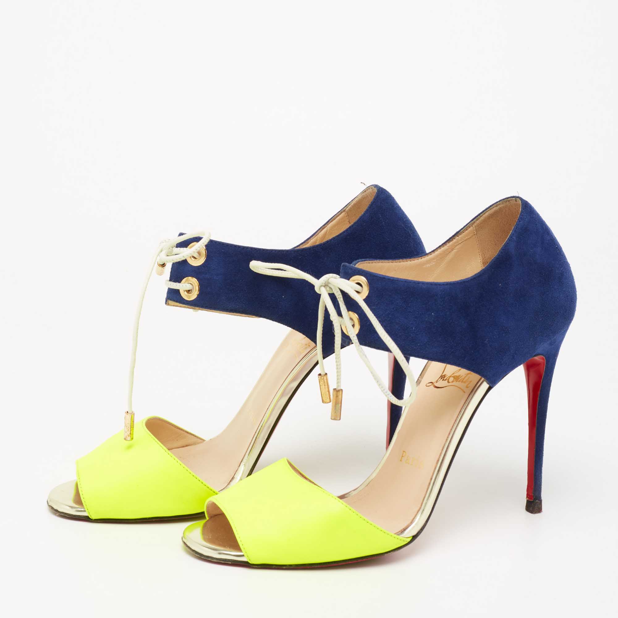 

Christian Louboutin Blue/Yellow Leather And Suede Mayerling Ankle Tie Up Sandals Size