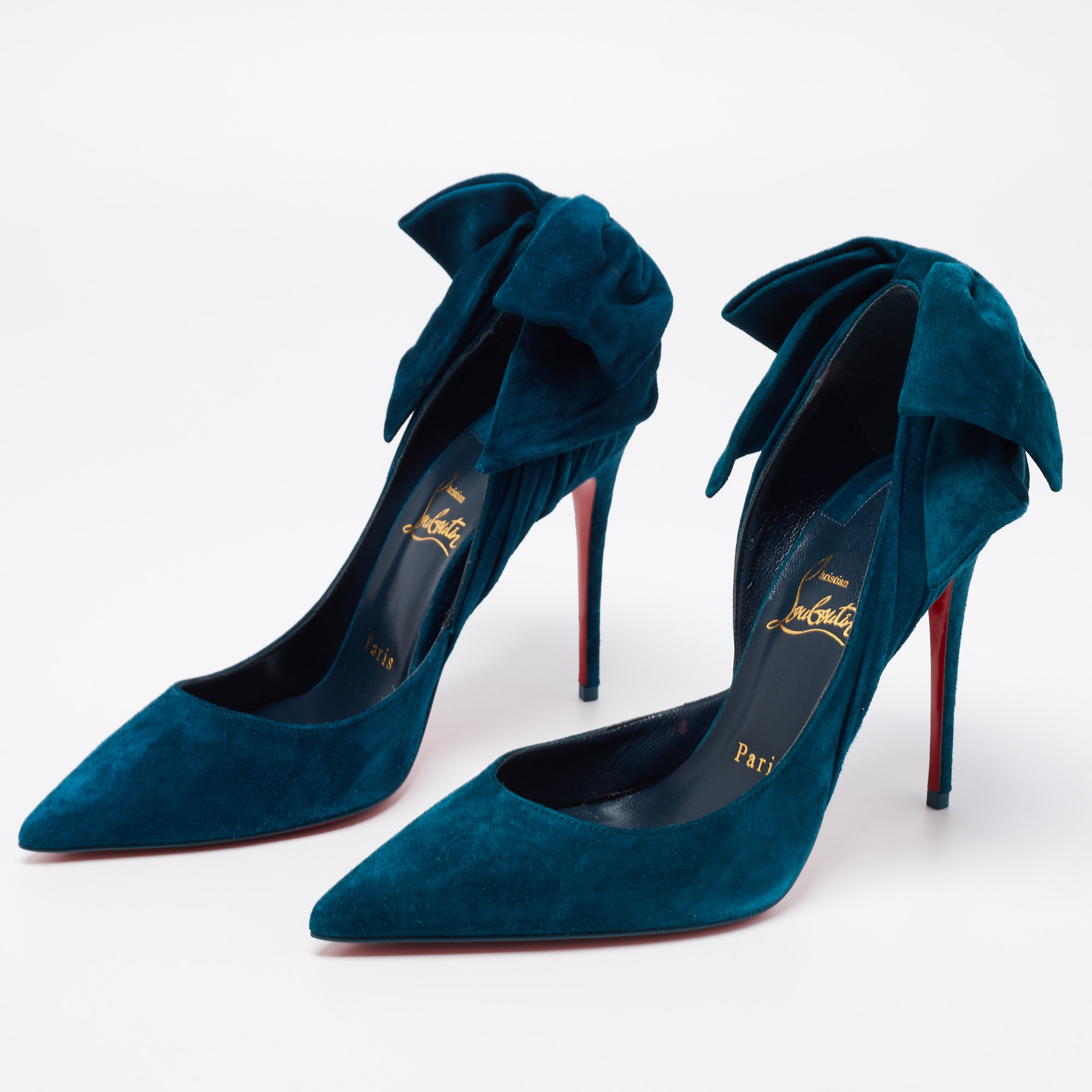 

Christian Louboutin Teal Blue Suede Bow Rabakate D'Orsay Pumps Size