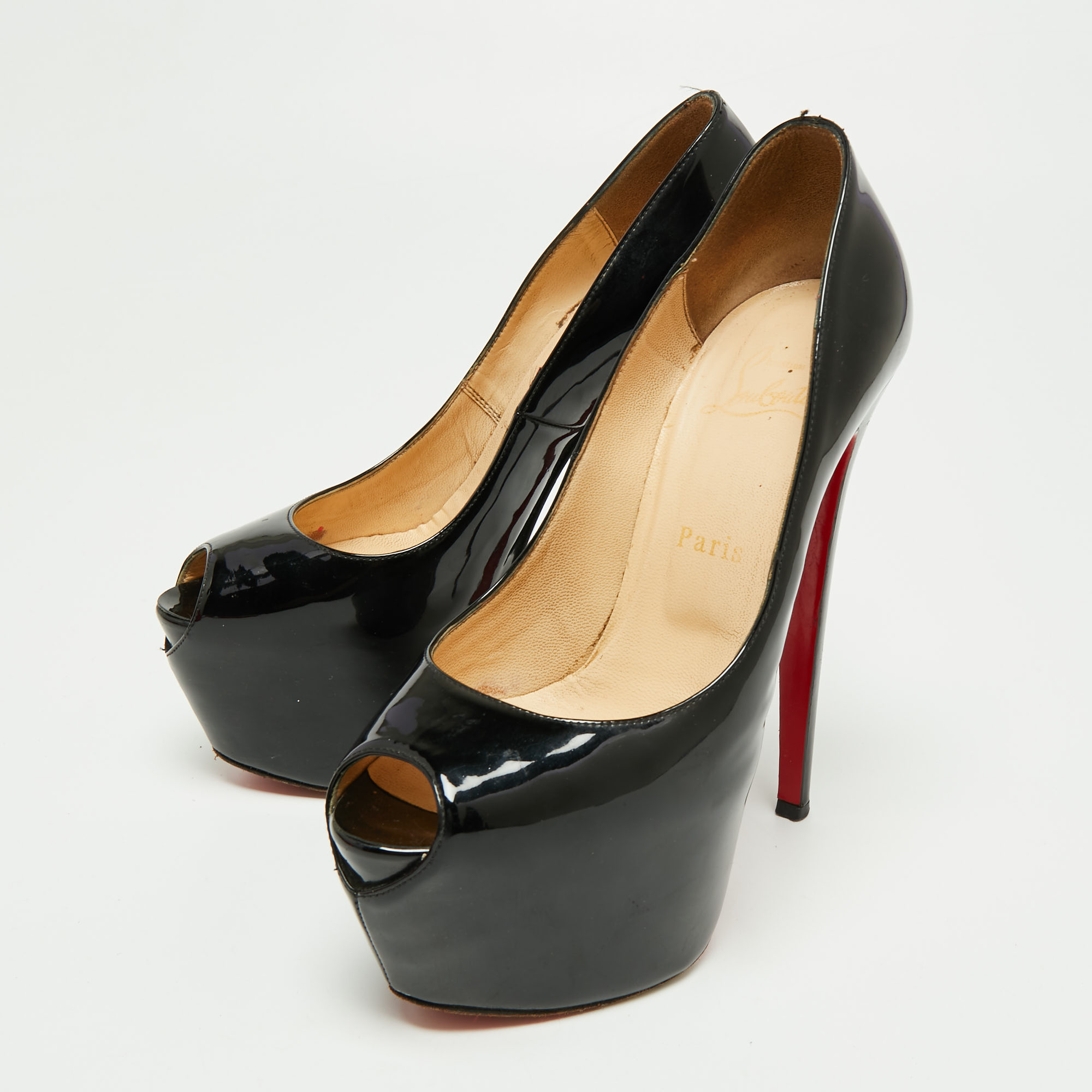 

Christian Louboutin Black Patent Leather Lady Peep Toe Platform Pumps Size