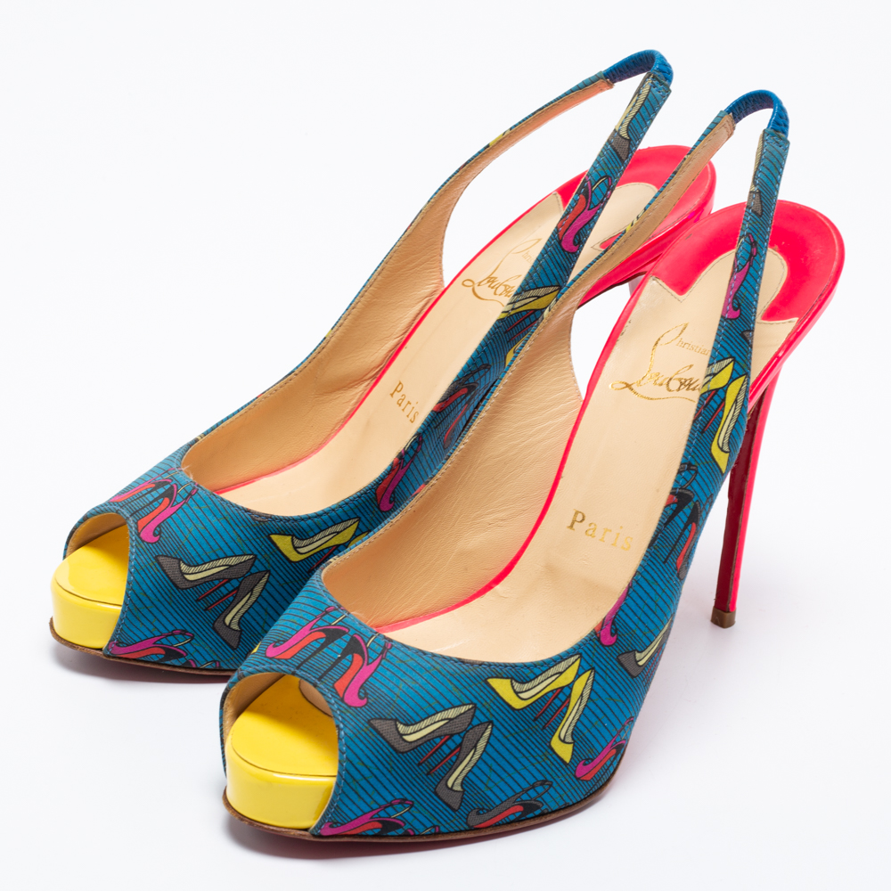 

Christian Louboutin Multicolor Printed Fabric Peep Toe Slingback Sandals Size