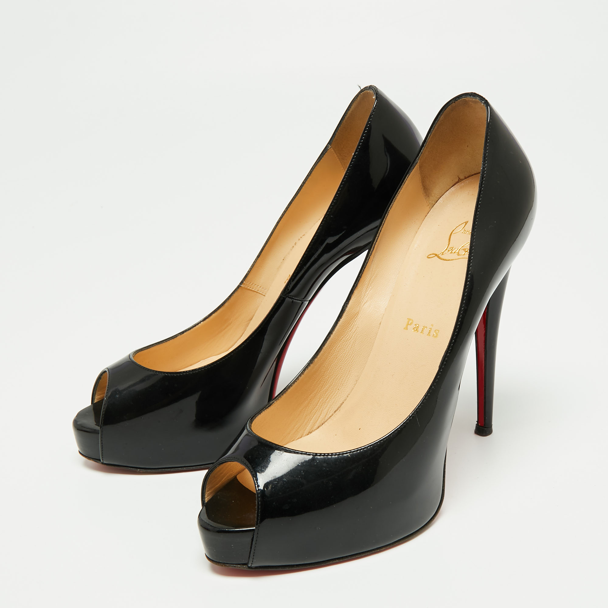 

Christian Louboutin Black Patent Leather Very Prive Peep-Toe Pumps Size