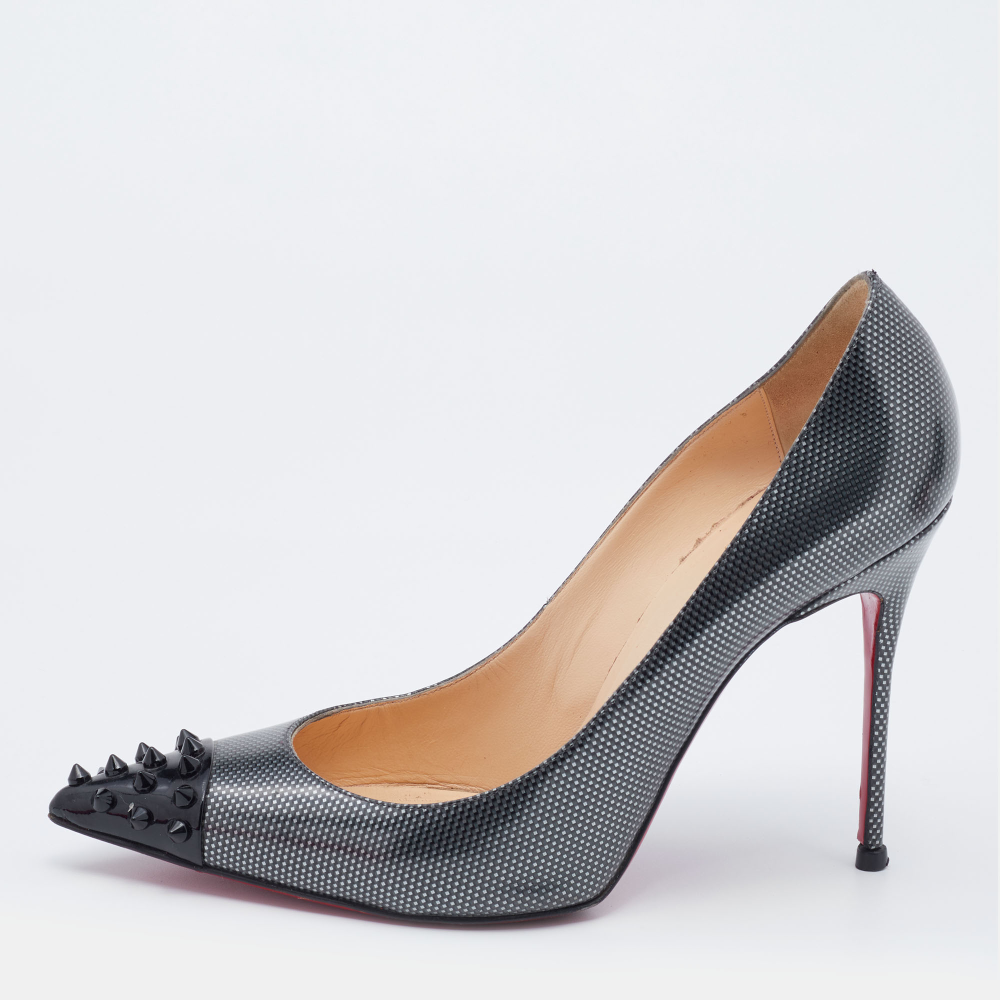 

Christian Louboutin Two Tone Textured Leather Geo Spiked Pointed Toe Pumps Size, Black