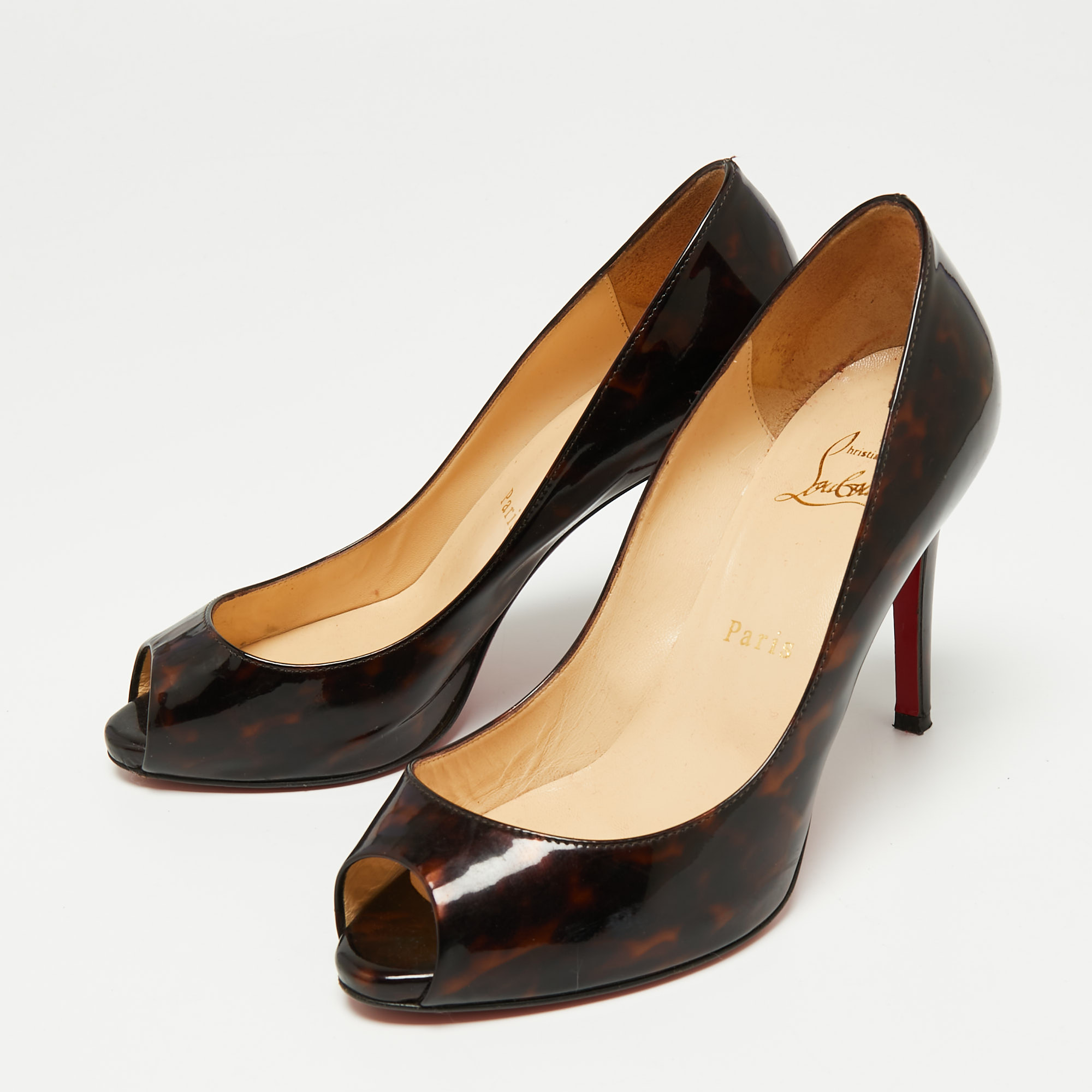 

Christian Louboutin Black/Brown Patent Leather Maryl Peep Toe Pumps Size