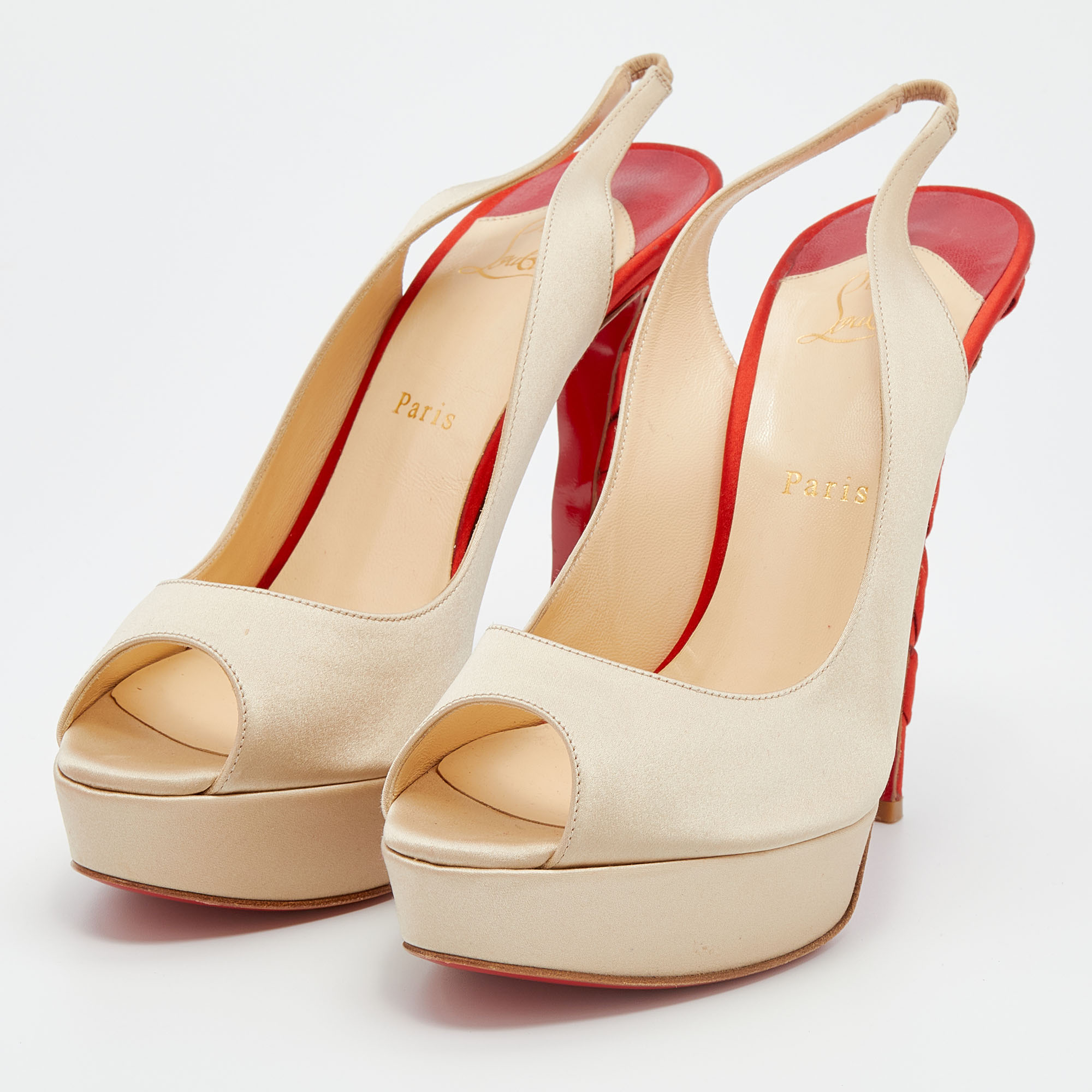 

Christian Louboutin Beige Satin Plisseta Peep Toe Platform Sandals Size