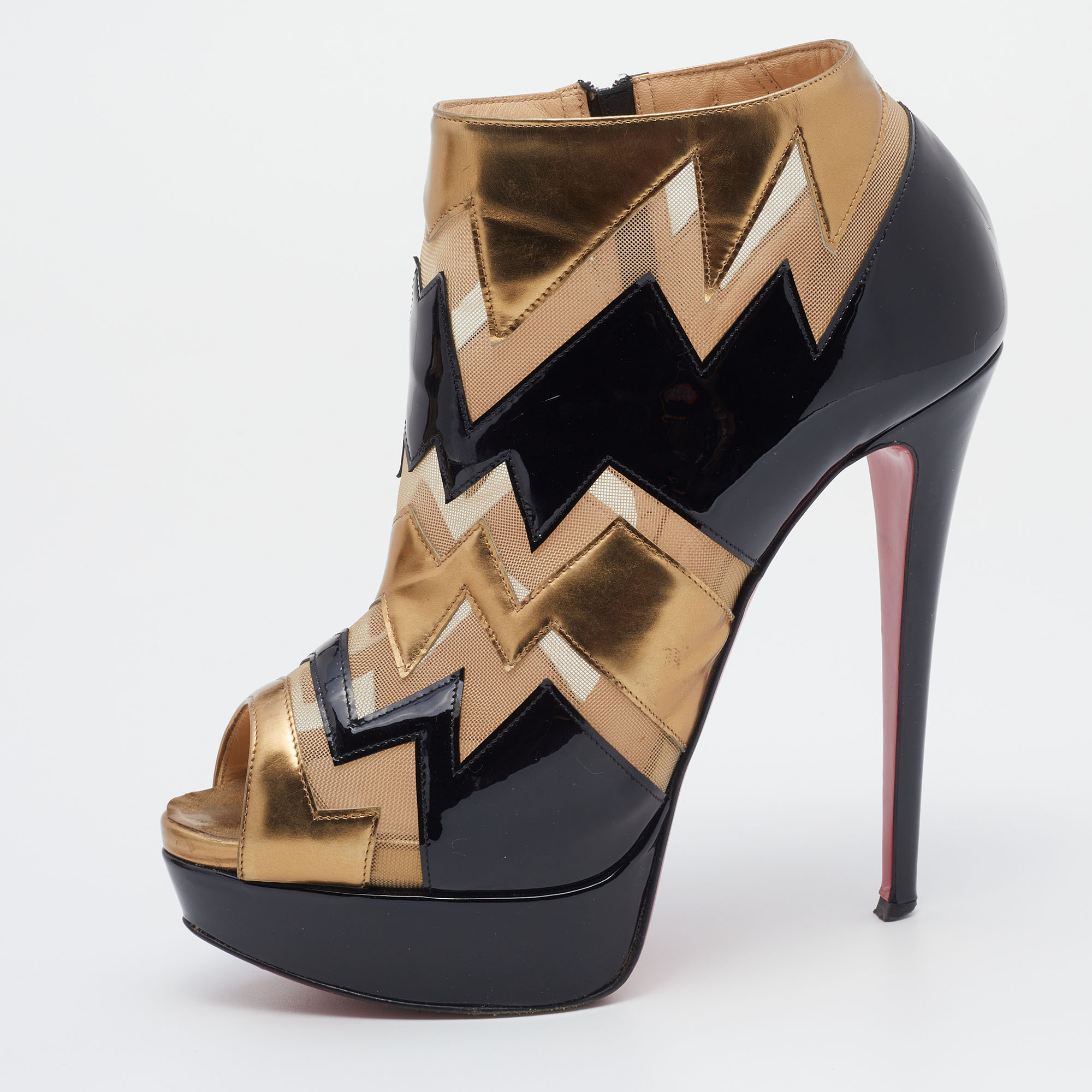 

Christian Louboutin Multicolor Patent Leather And Mesh Peep toe Booties Size