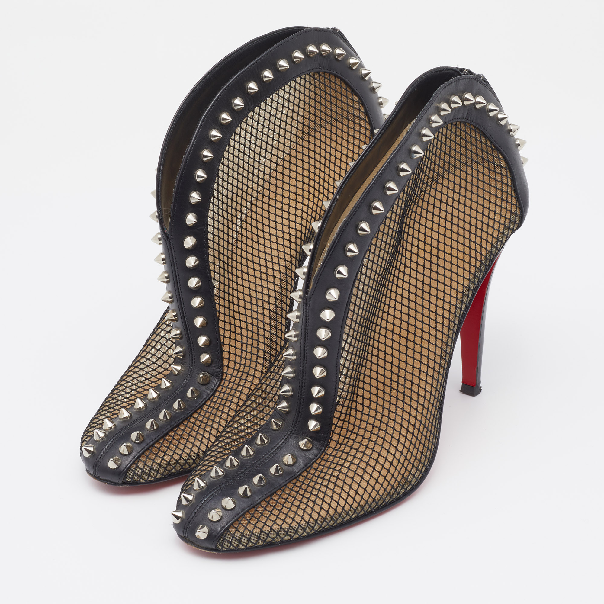 

Christian Louboutin Black Mesh And Leather Bourriche Spike Studded Booties Size