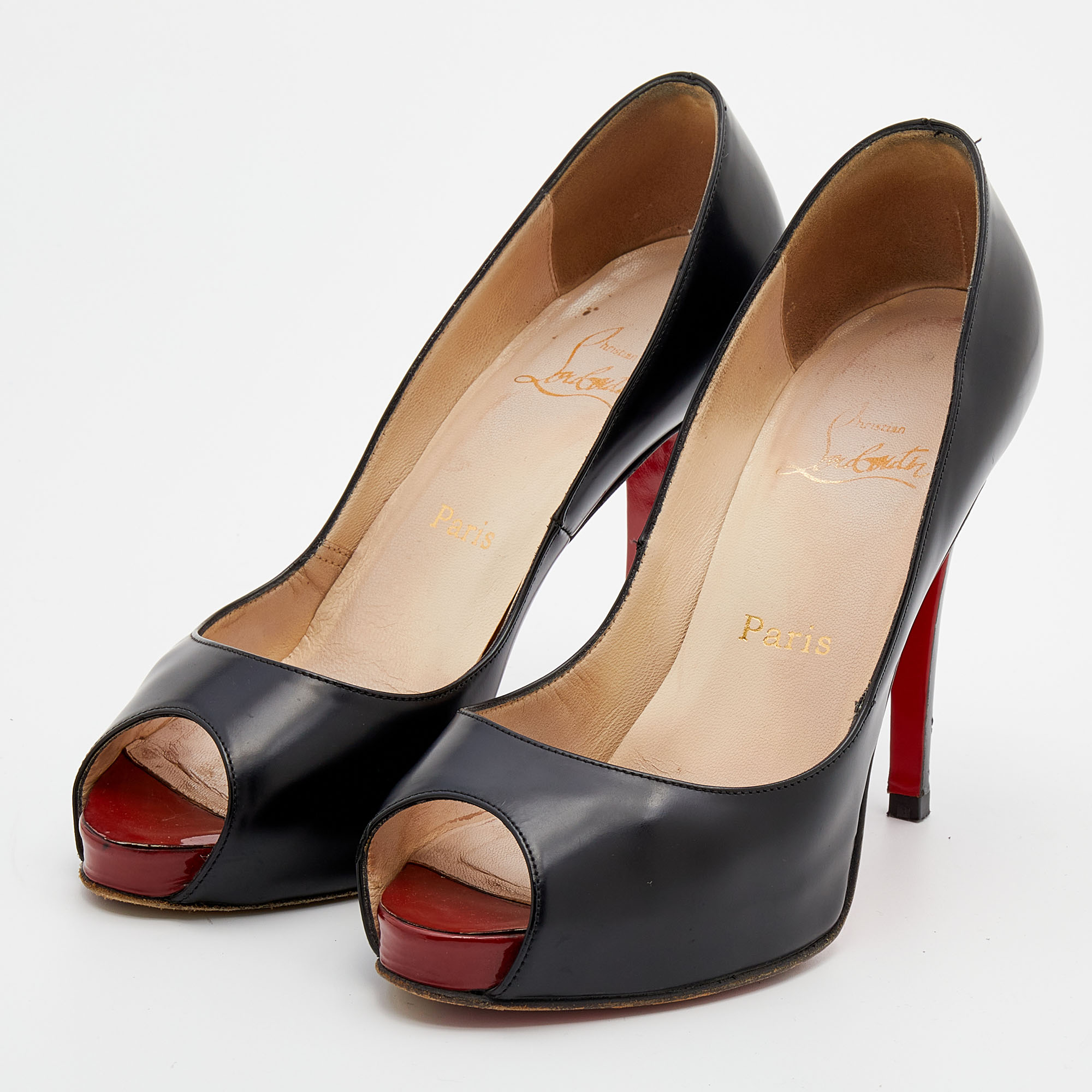 

Christian Louboutin Black Leather New Very Prive Peep Toe Pumps Size