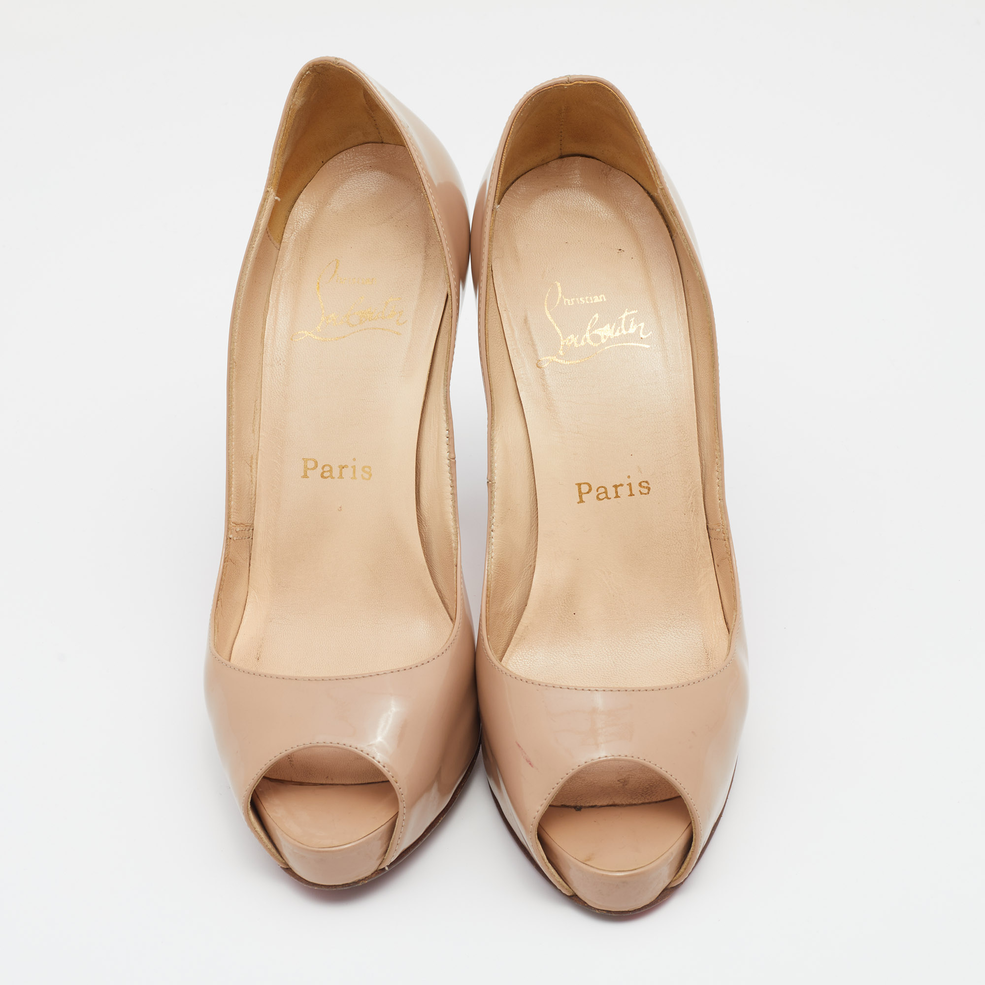 

Christian Louboutin Beige Patent Leather New Prive Peep Toe Pumps Size