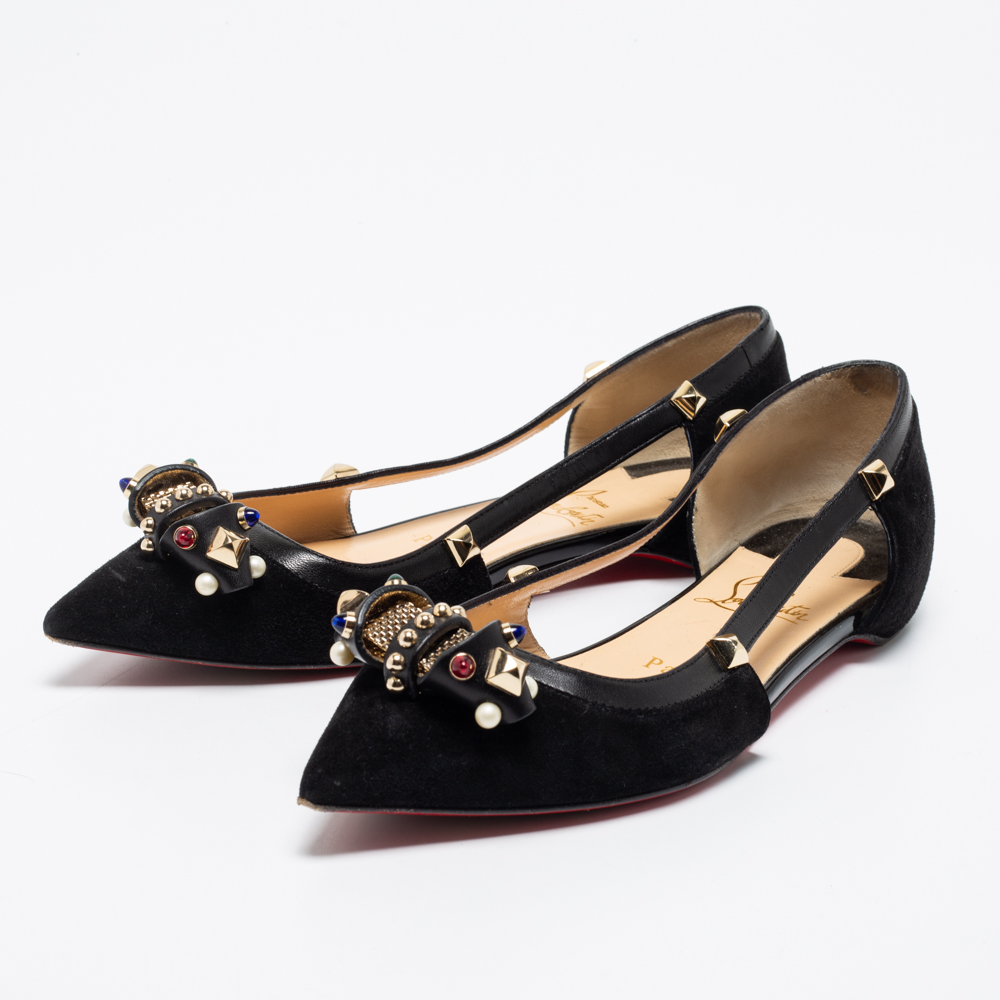 

Christian Louboutin Black Suede Tudor Young Embellished Cut Out Pointed Toe Flats Size