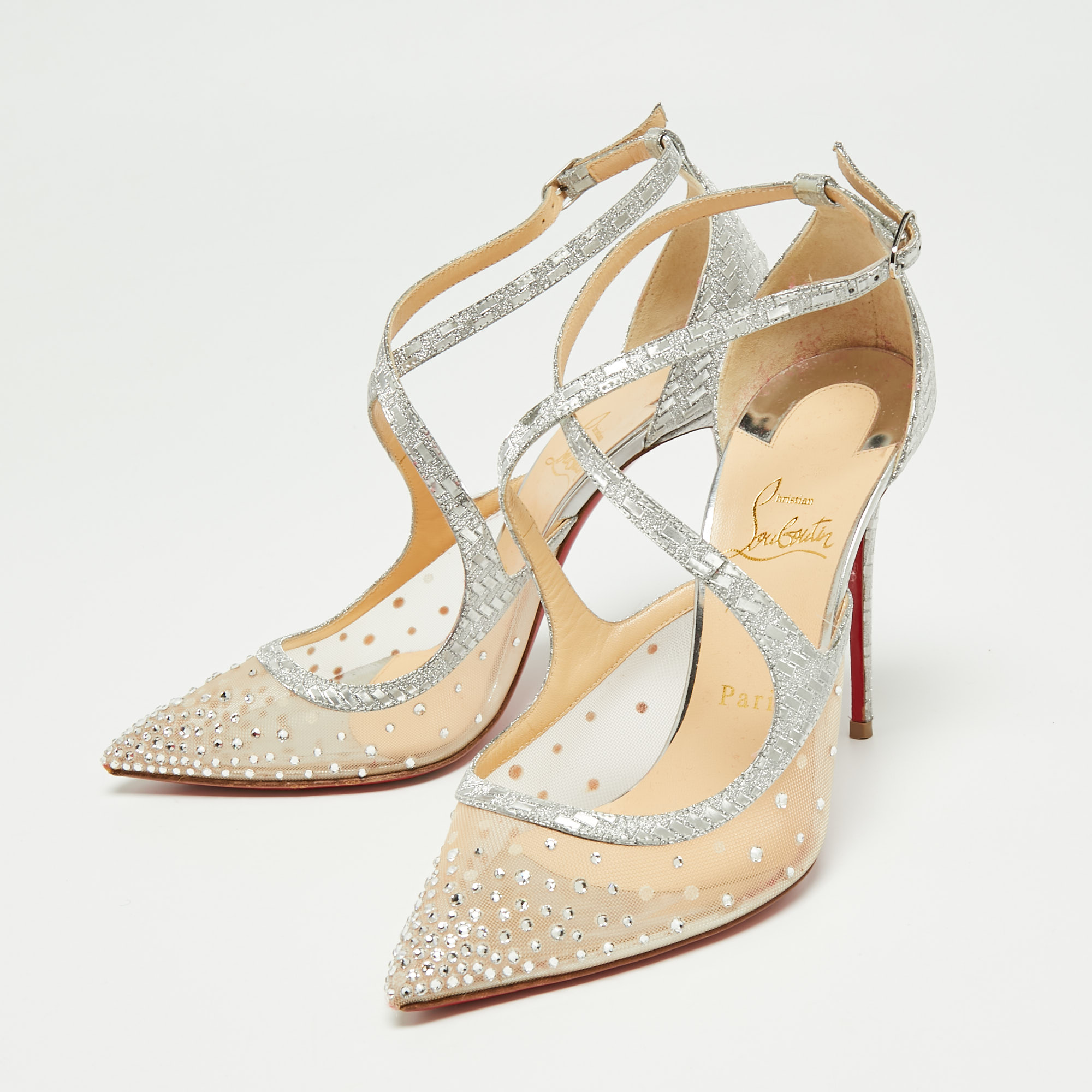 

Christian Louboutin Silver Lurex Fabric and Mesh Twistissima Strass Sandals Size