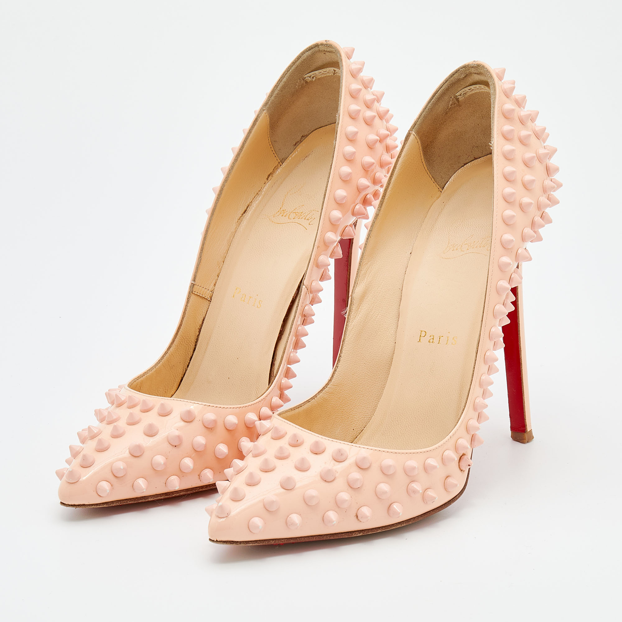 

Christian Louboutin Peach Patent Leather Pigalle Spikes Pointed Toe Pumps Size, Pink