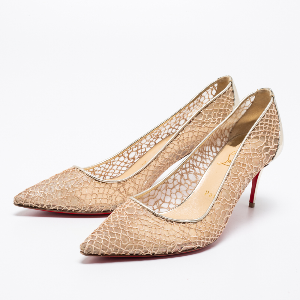 

Christian Louboutin Beige/Metallic Mesh And Leather Saramor Pointed Toe Pumps Size