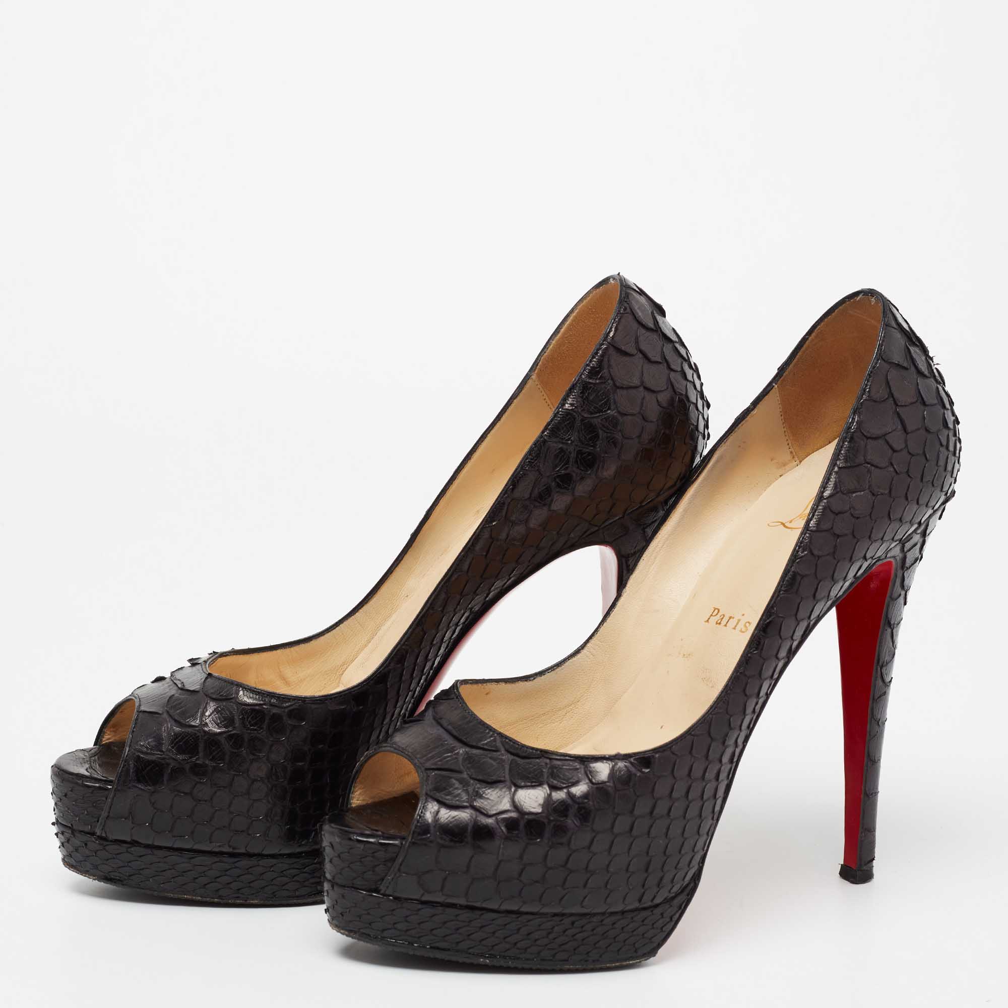 

Christian Louboutin Black Python Lady Peep-Toe Platform Pumps Size