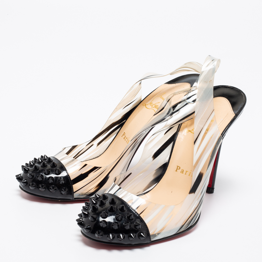 

Christian Louboutin Black/White Patent Leather And PVC Epoca Sandals Size