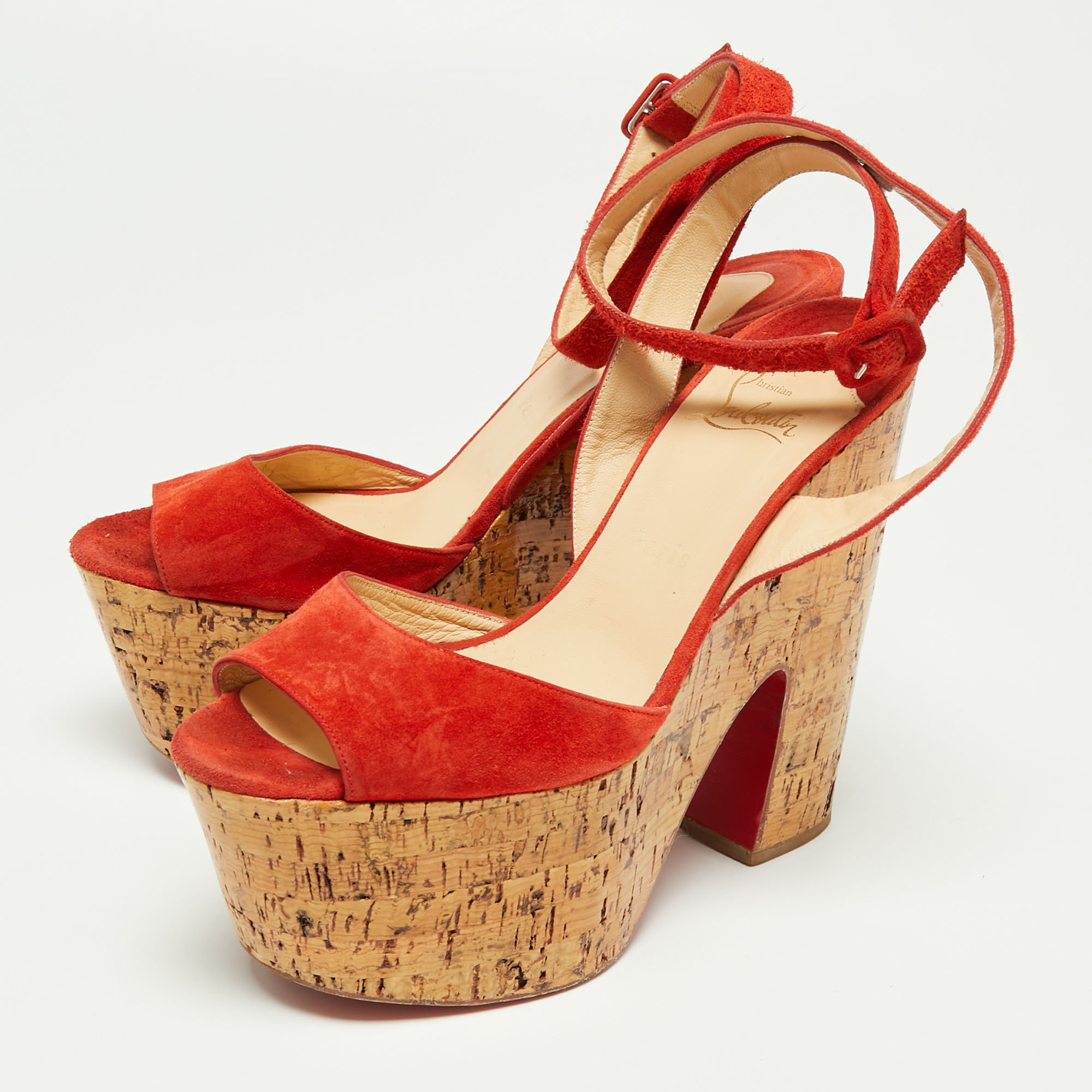 

Christian Louboutin Red Suede Super Dombasle Platform Cork Wedge Ankle Strap Sandals Size