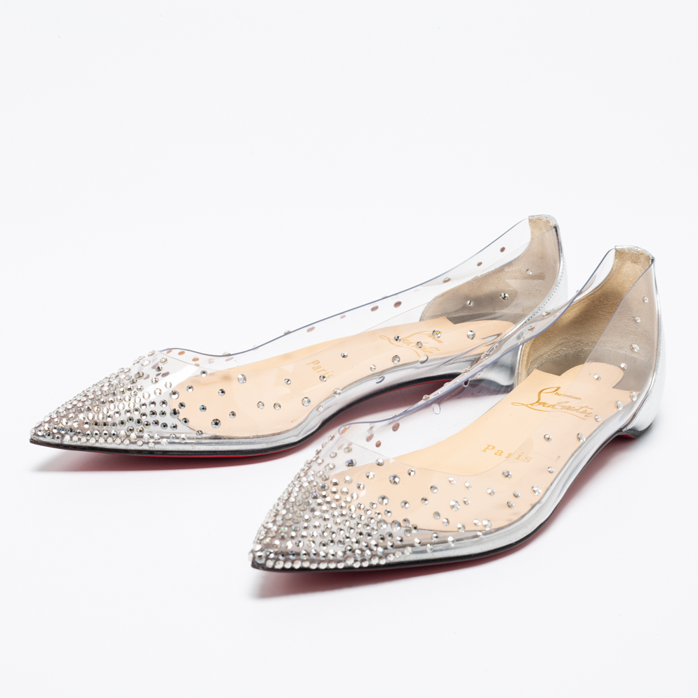 

Christian Louboutin Metallic Silver Leather and PVC Degrastrass Pointed-Toe Ballet Flats Size