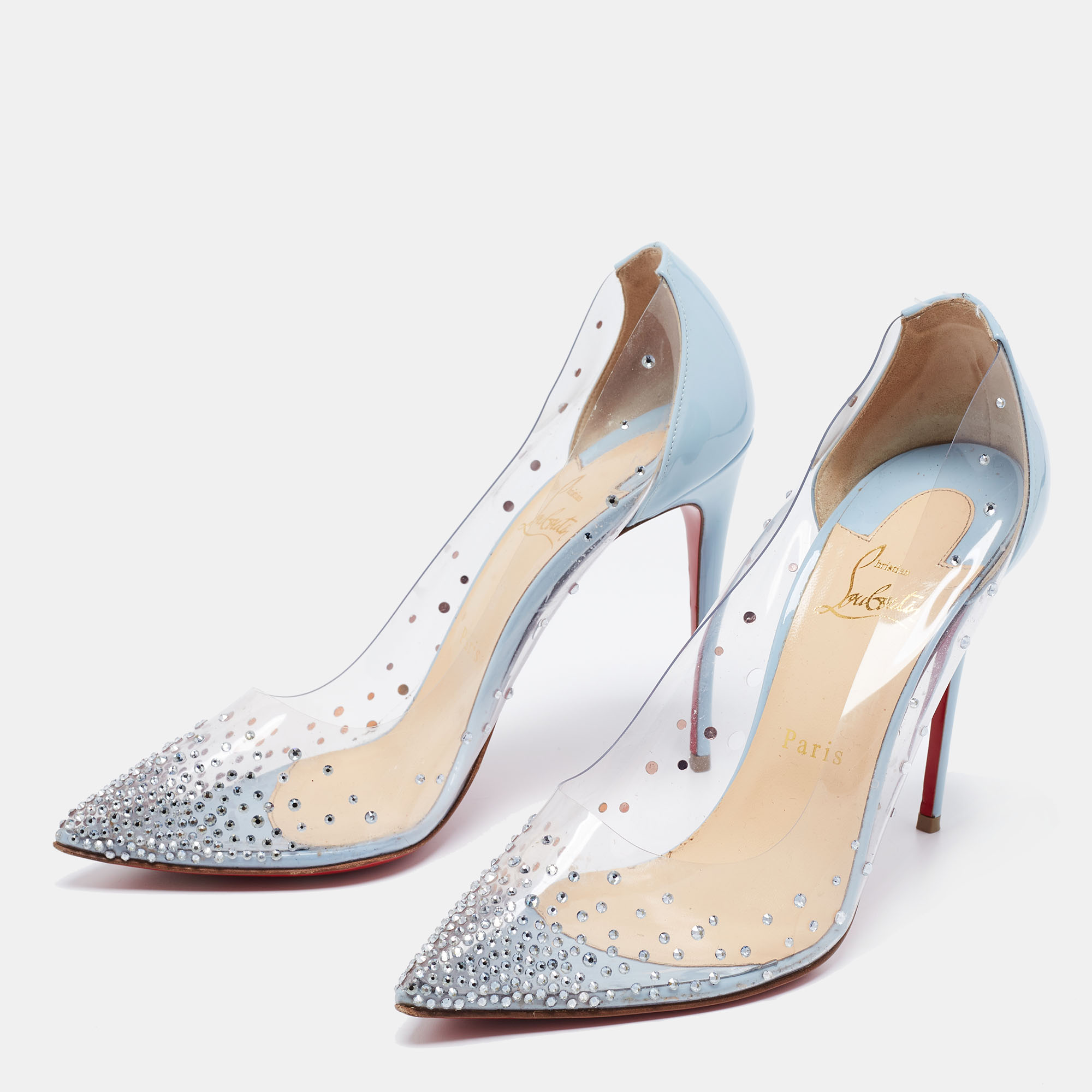 

Christian Louboutin Light Blue Patent Leather and PVC Degrastrass Pumps Size