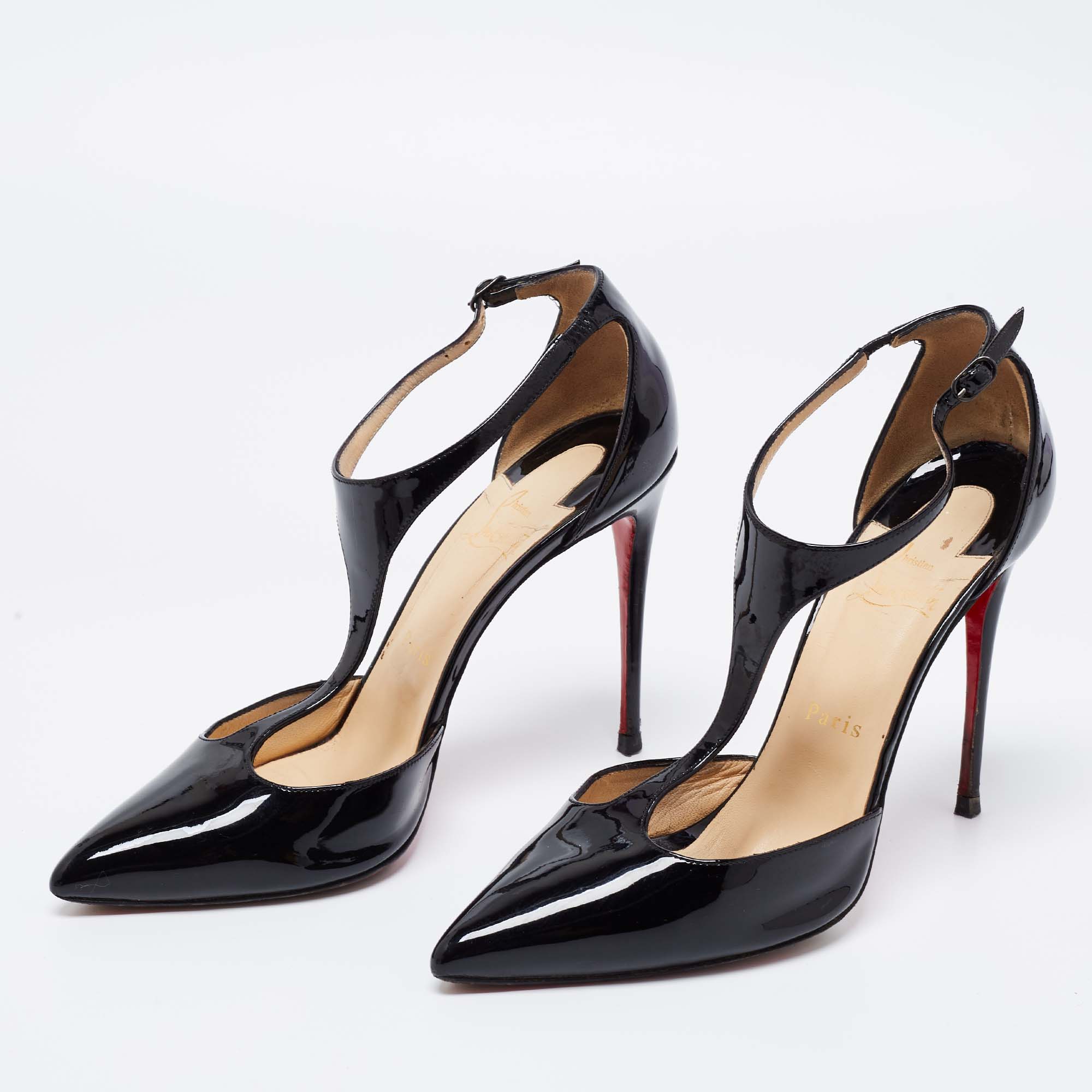 

Christian Louboutin Black Patent Leather J String T-Strap Pumps Size