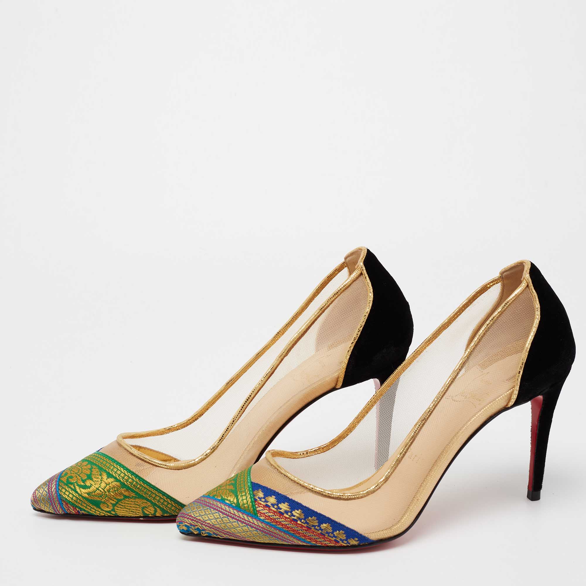 

Christian Louboutin Multicolor/Black Brocade Fabric, Velvet and Mesh Pumps Size