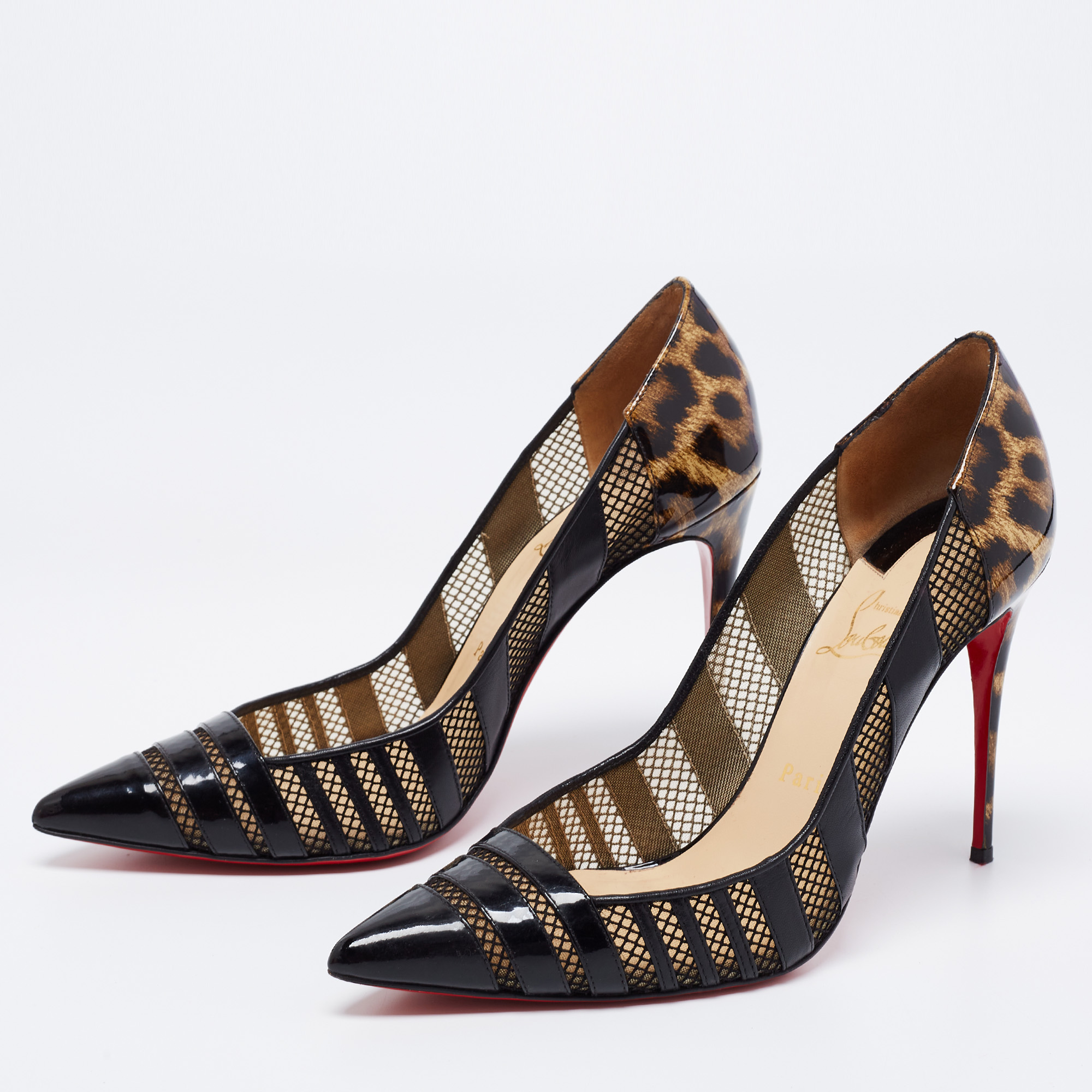 

Christian Louboutin Black/Brown Mesh, Leather and Leopard Print Patent Bandy Pumps Size