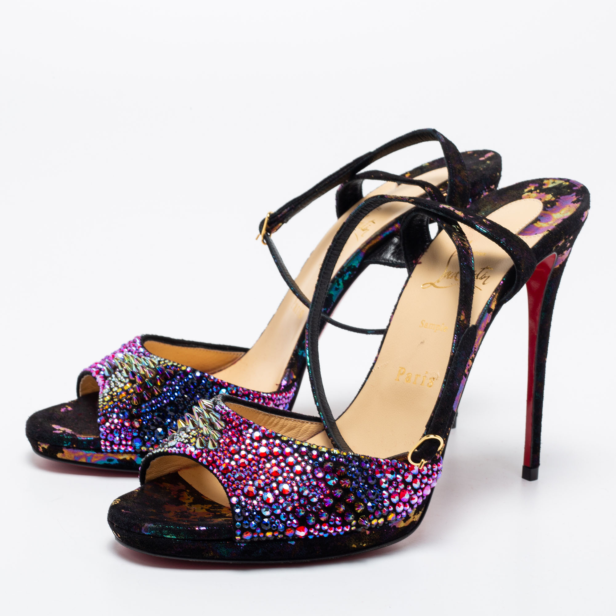 

Christian Louboutin Loubiloo Multicolor Suede And Glitter Bling Bang Sandals Size