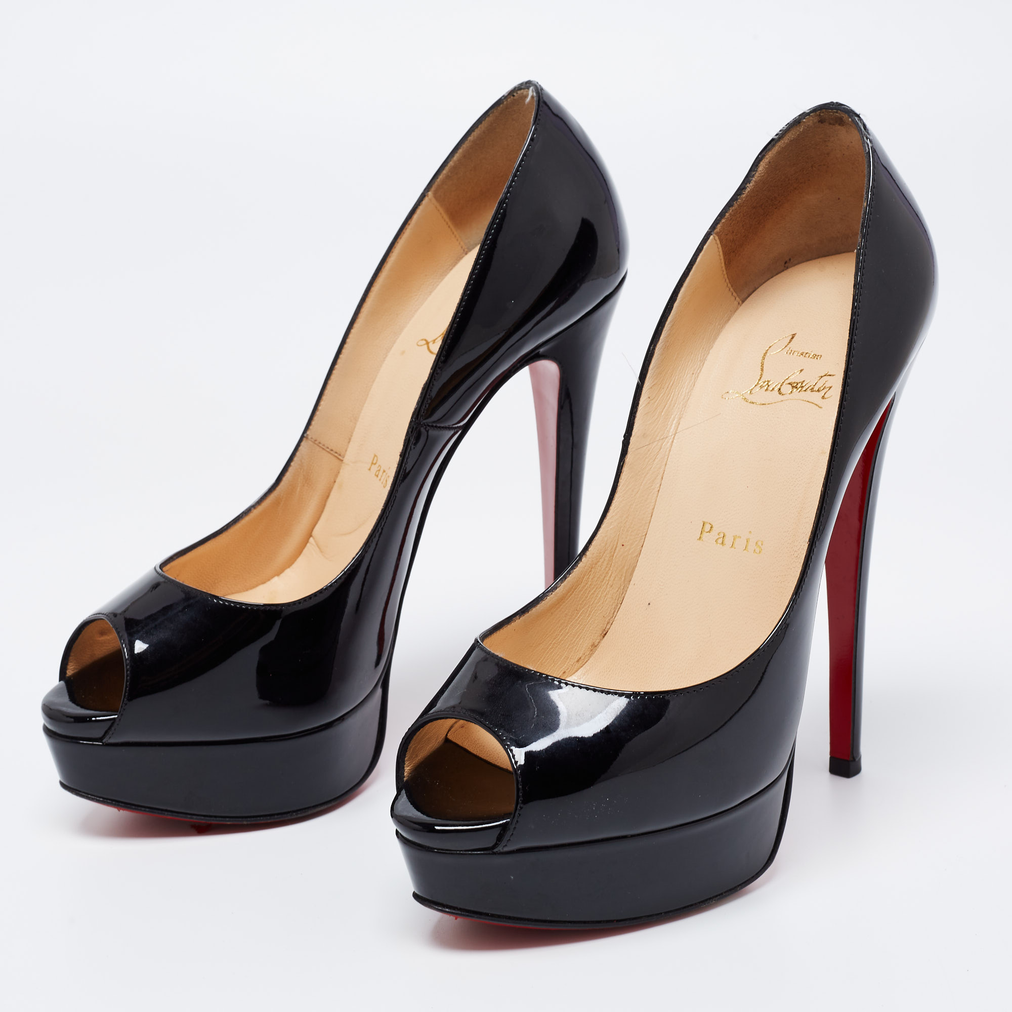 

Christian Louboutin Black Patent Leather Lady Peep-Toe Platform Pumps Size