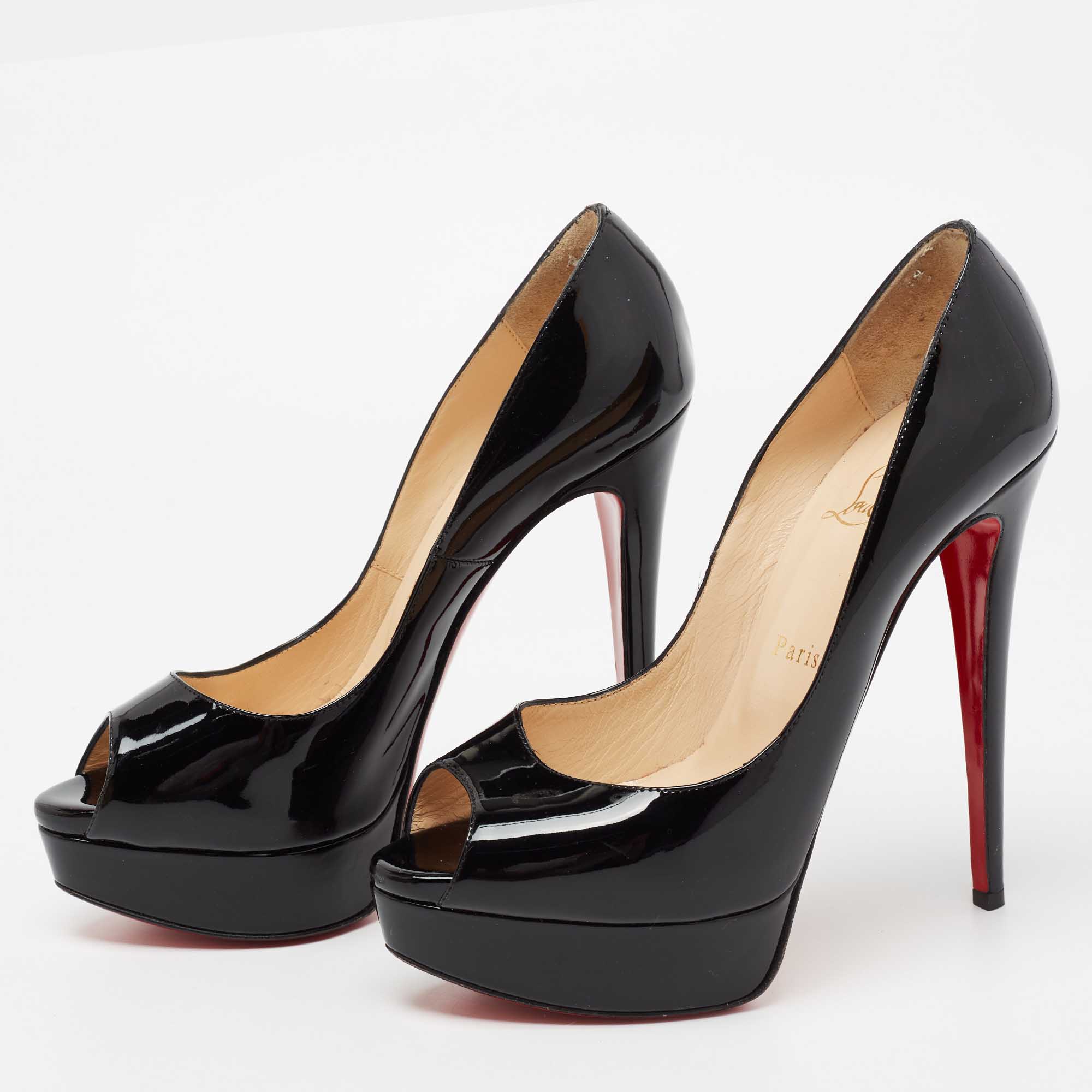 Christian Louboutin Black Patent Leather Lady Peep-Toe Platform Pumps Size 38.5  - buy with discount