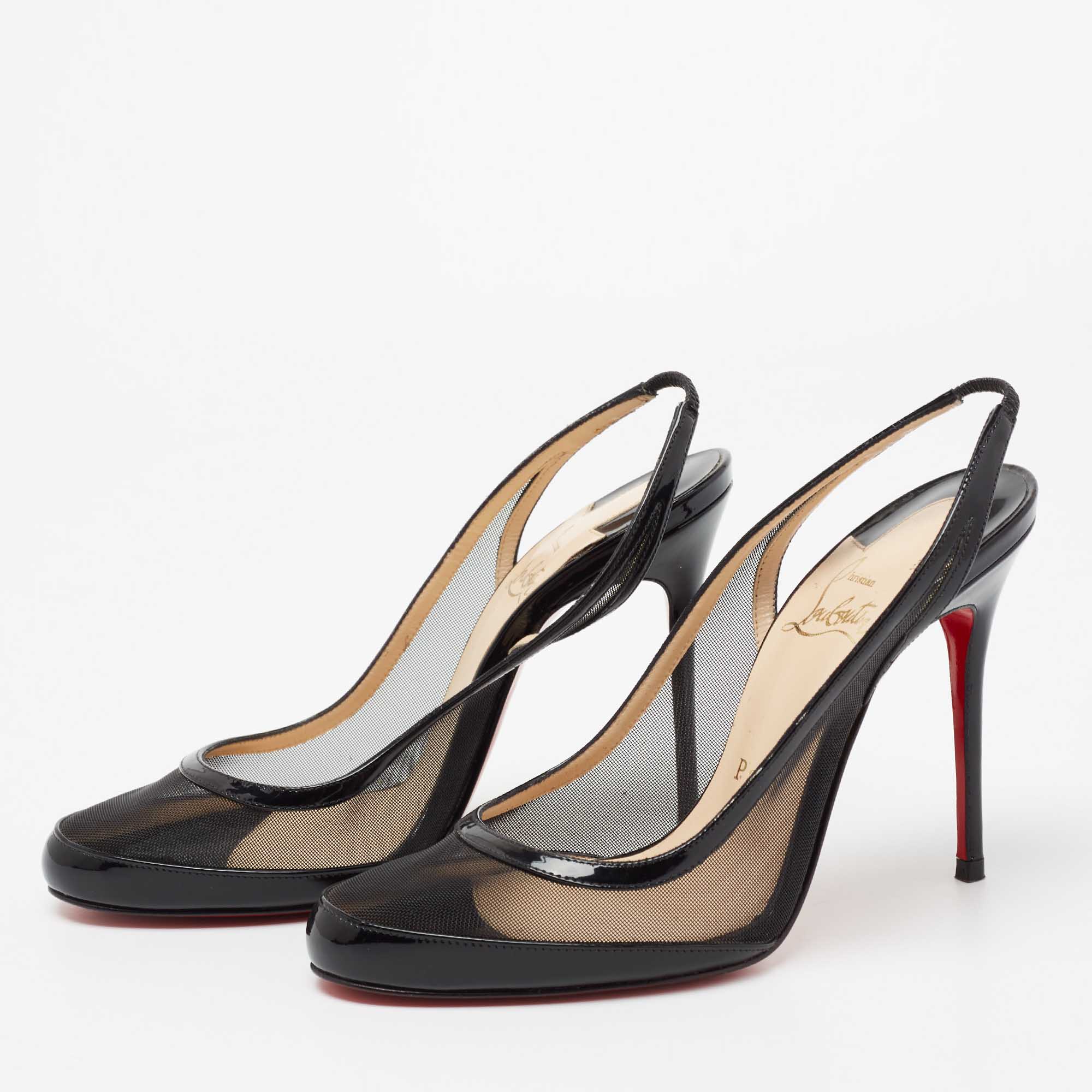 

Christian Louboutin Black Patent Leather And Mesh Slingback Sandals Size