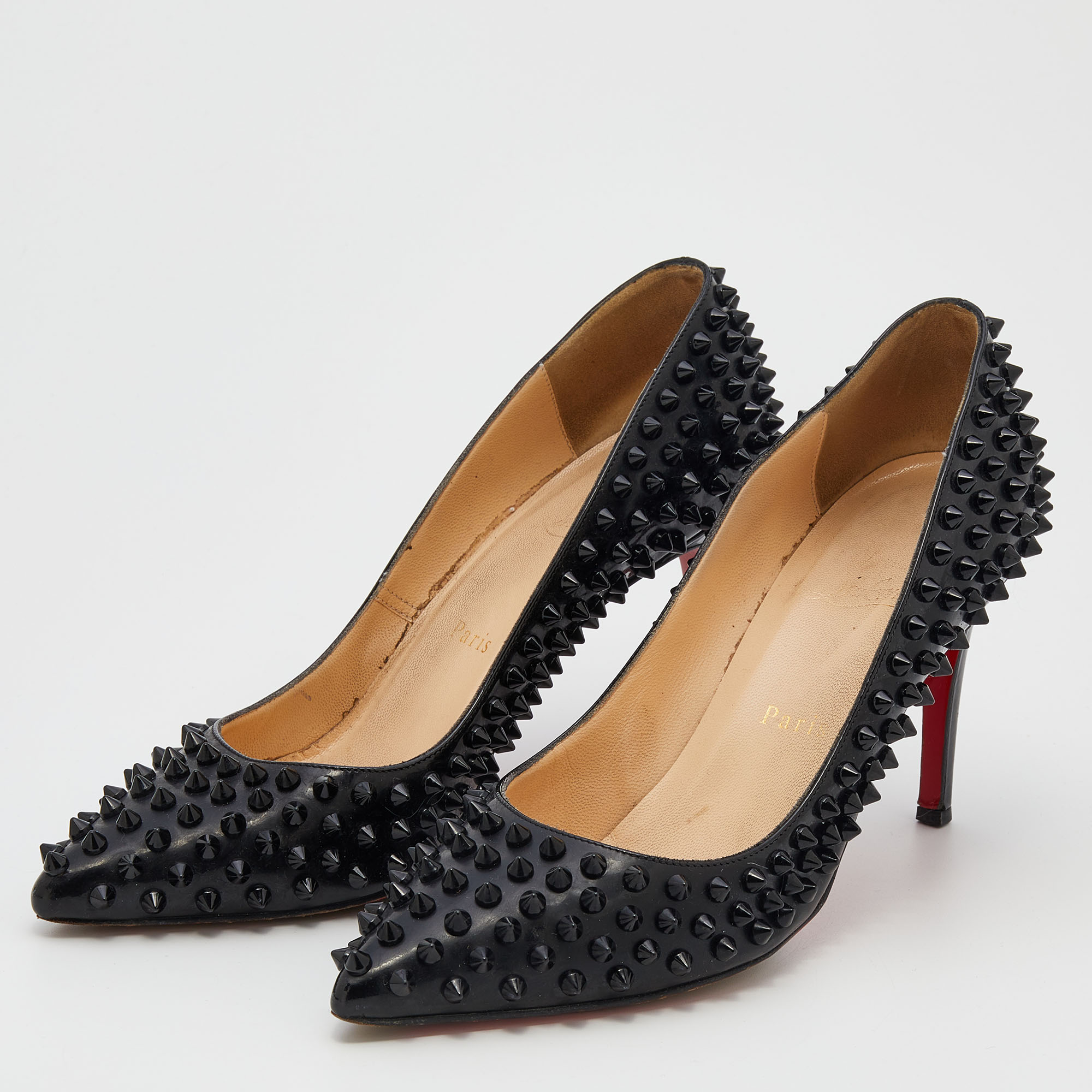 

Christian Louboutin Black Patent Leather Pigalle Spikes Pointed Toe Pumps Size