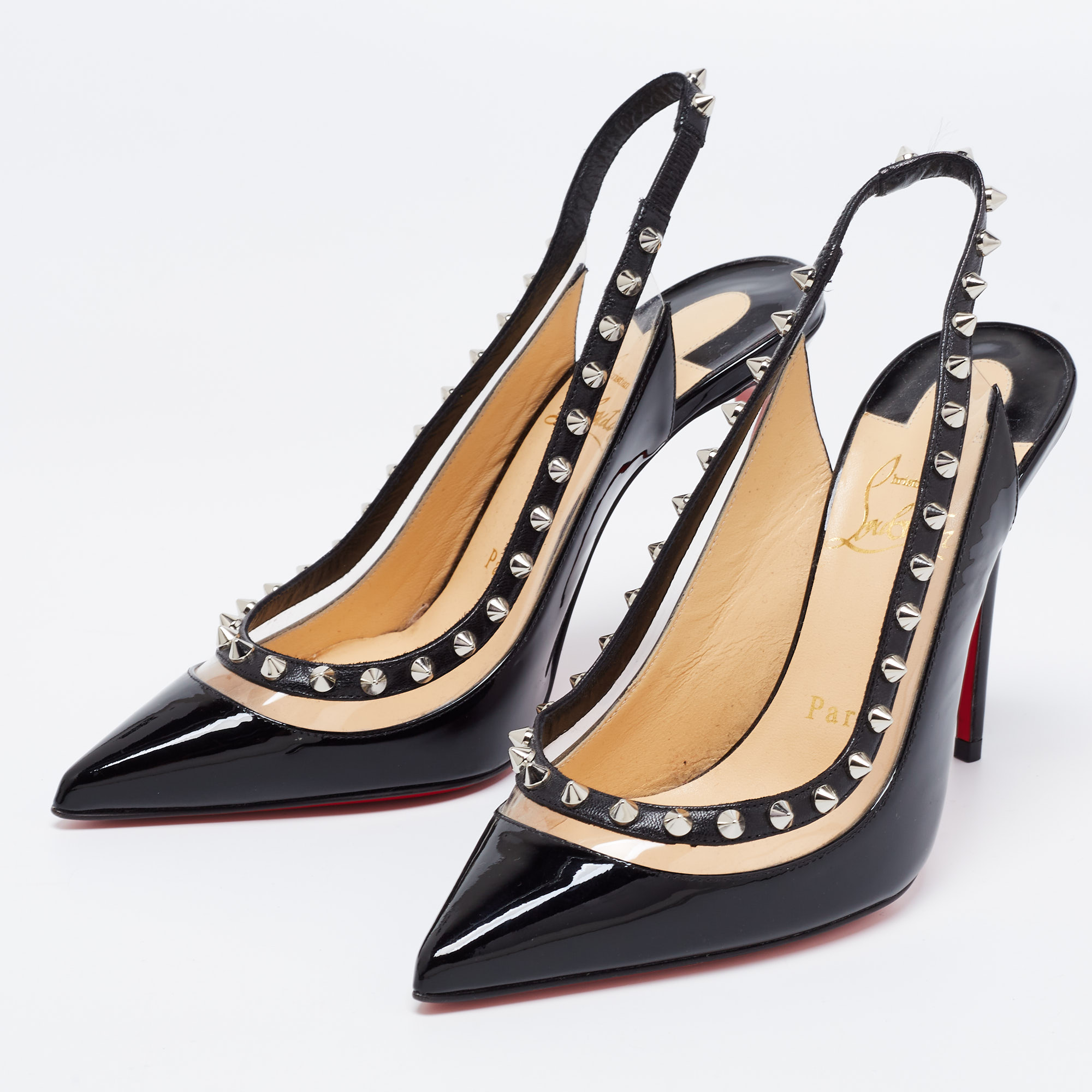 

Christian Louboutin Black Patent Leather Brigadine Spike Slingback Sandals Size