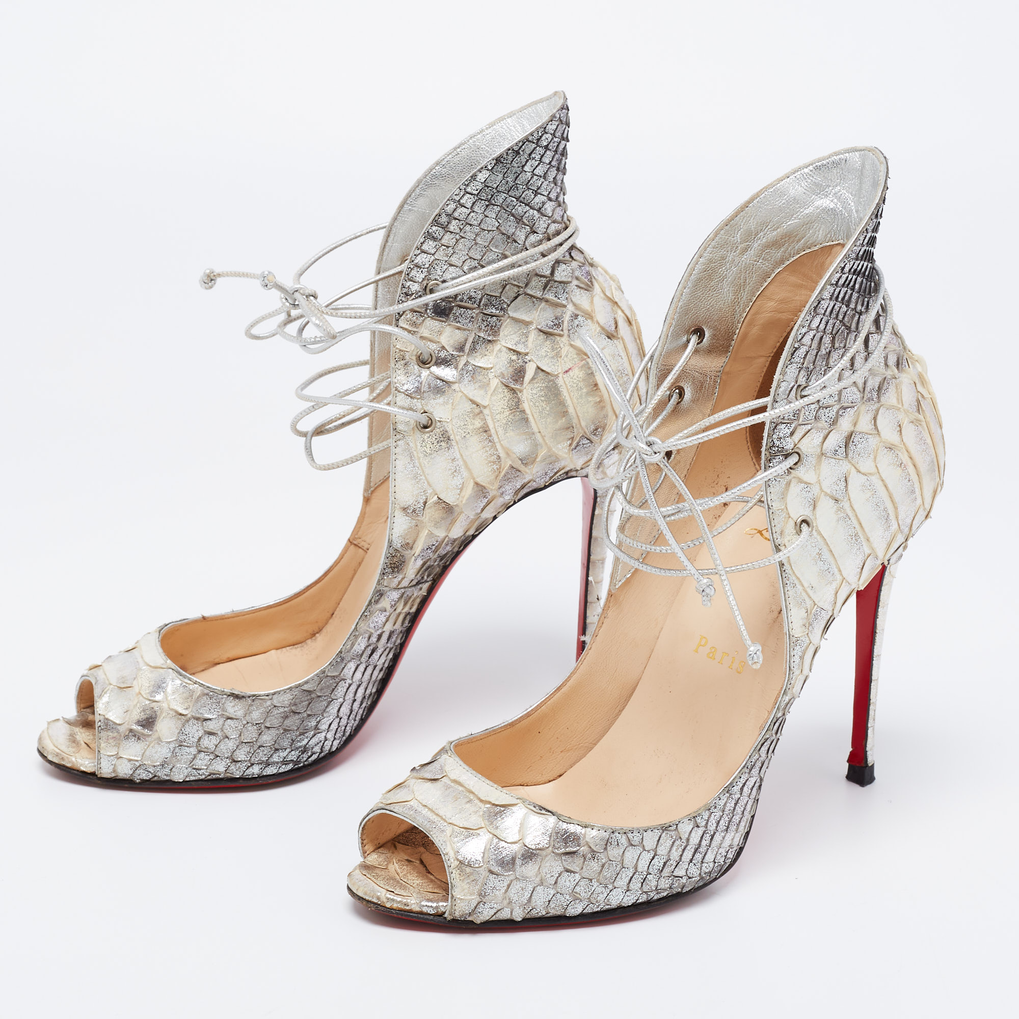 

Christian Louboutin Silver Python Leather Mega Vamp Lace-Up Pumps Size