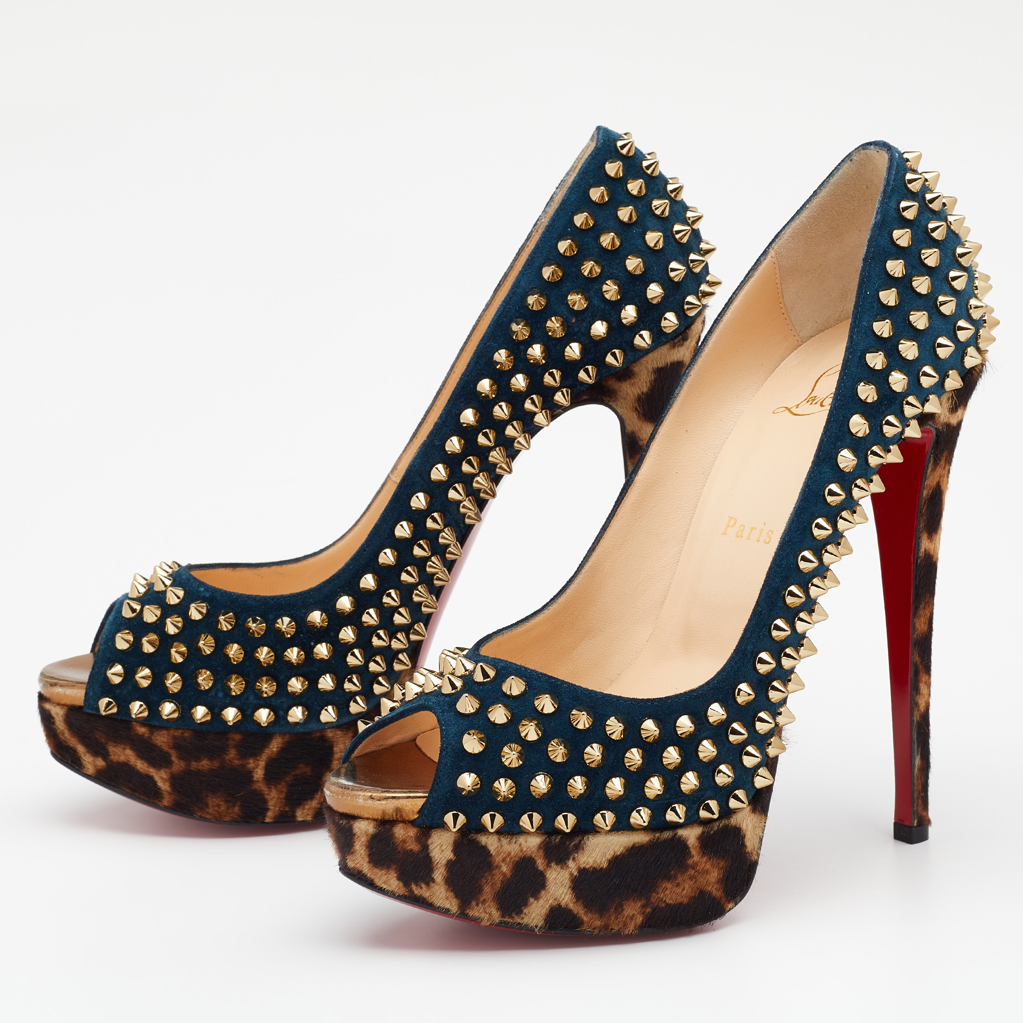 

Christian Louboutin Blue Suede Lady Peep Spikes Platform Pumps Size