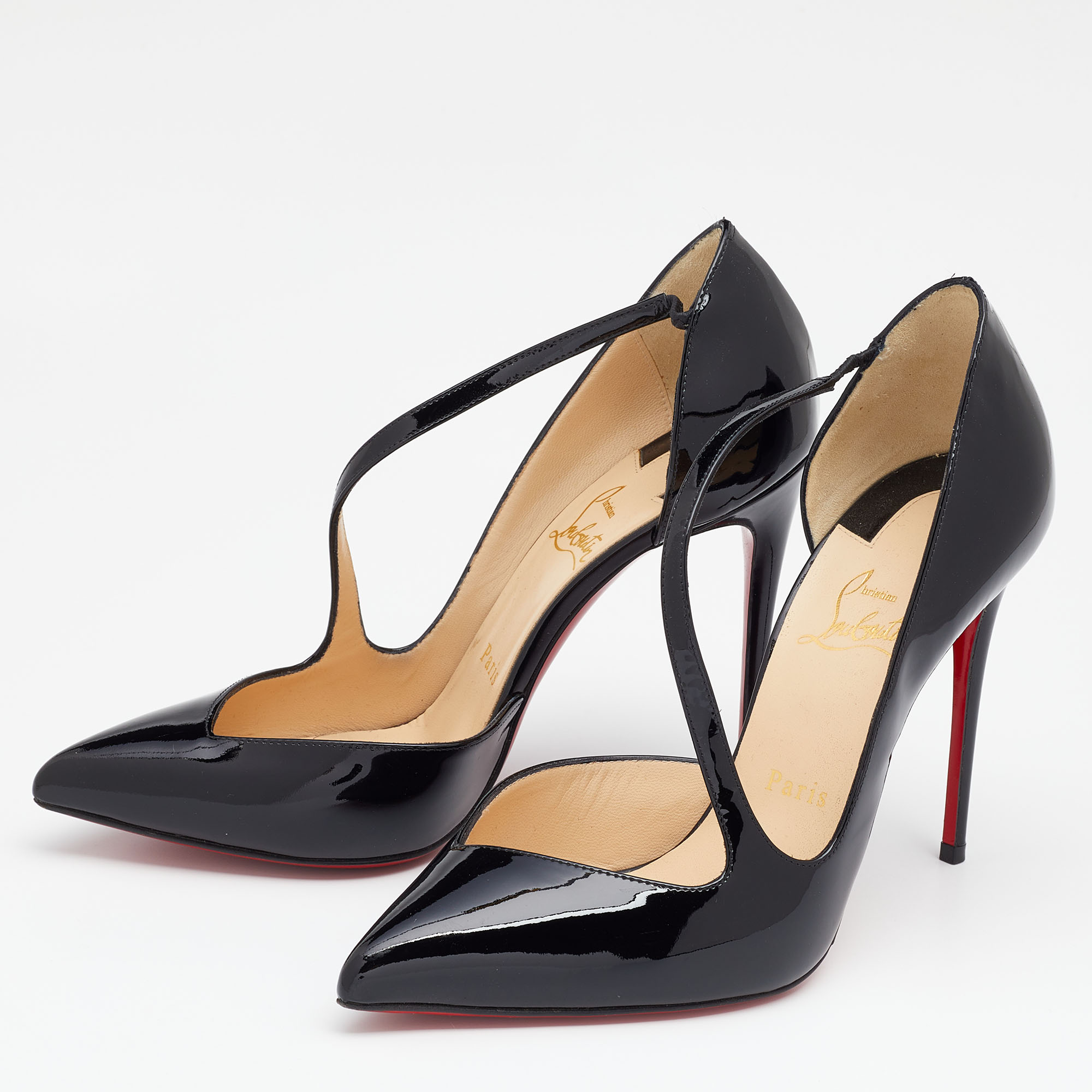 

Christian Louboutin Black Patent Leather Jumping Cross Strap Pumps Size