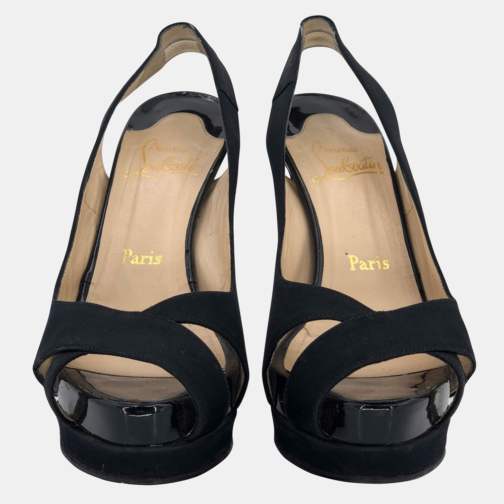 

Louboutin Black Satin Peep toe Platform Slingback Sandals Size EU