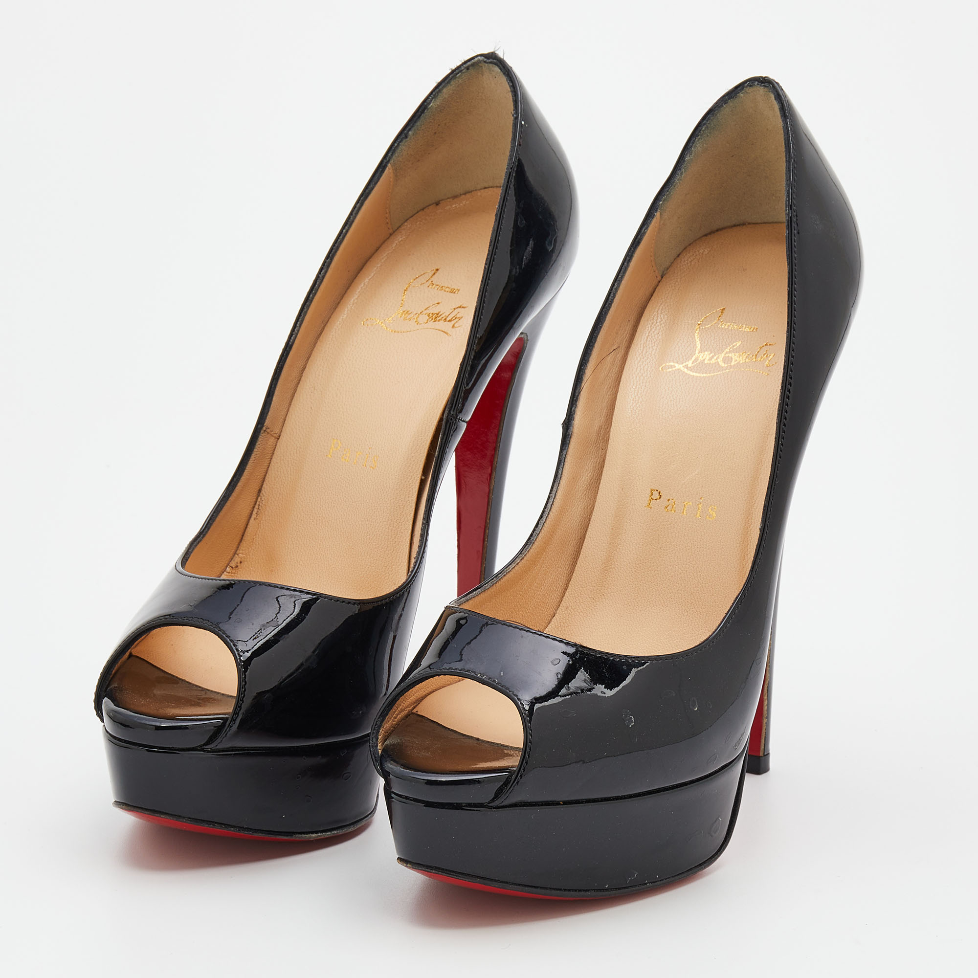 

Christian Louboutin Black Patent Leather Lady Peep Toe Platform Pumps Size