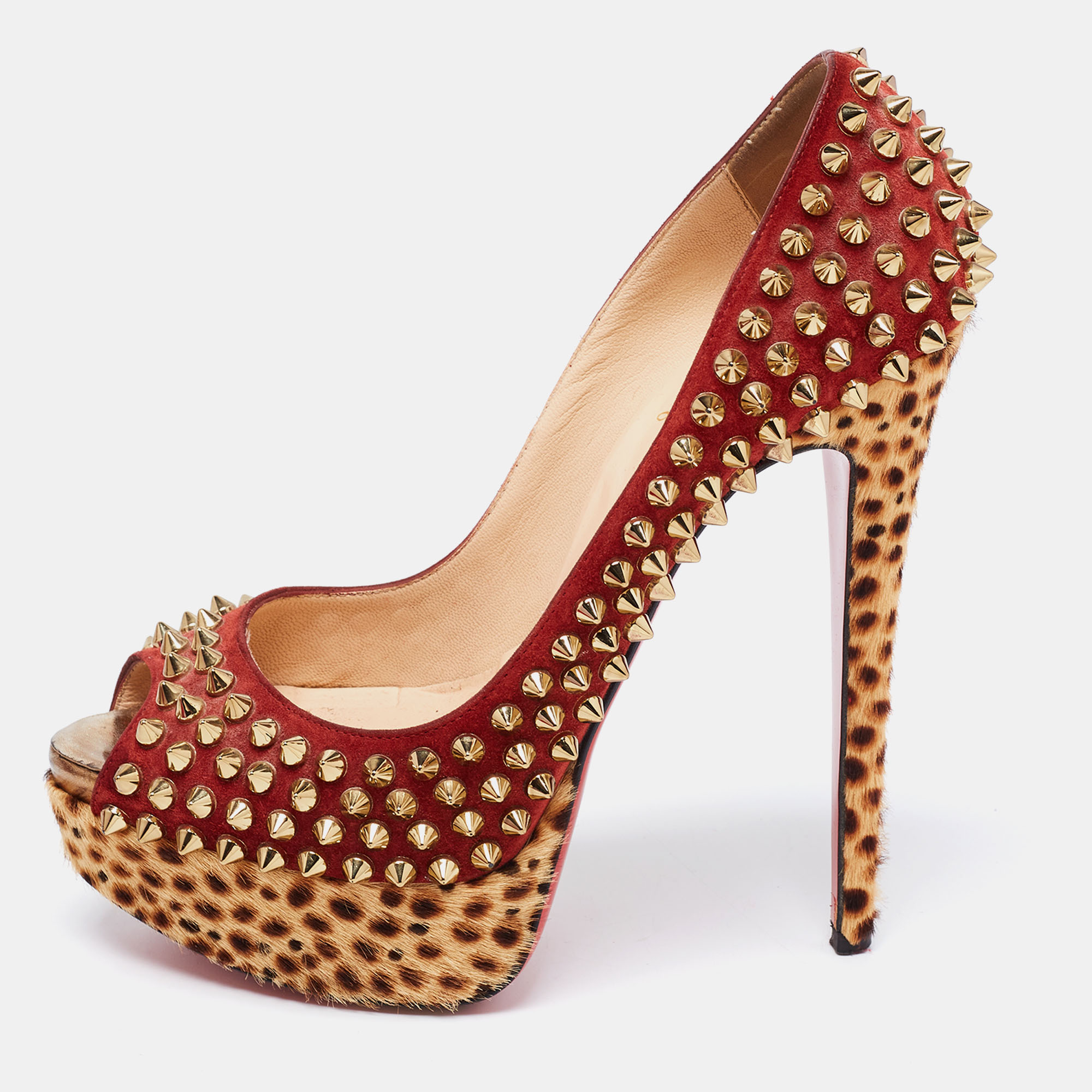 

Christian Louboutin Tri-Color Suede and Leopard Print Calf Hair Lady Peep Spikes Platform Pumps Size, Red