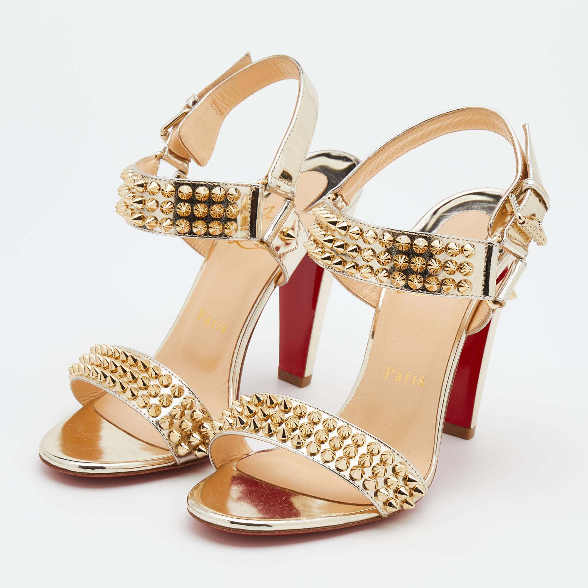 

Christian Louboutin Metallic Gold Patent Leather Bikool Spiked Ankle Strap Sandals Size