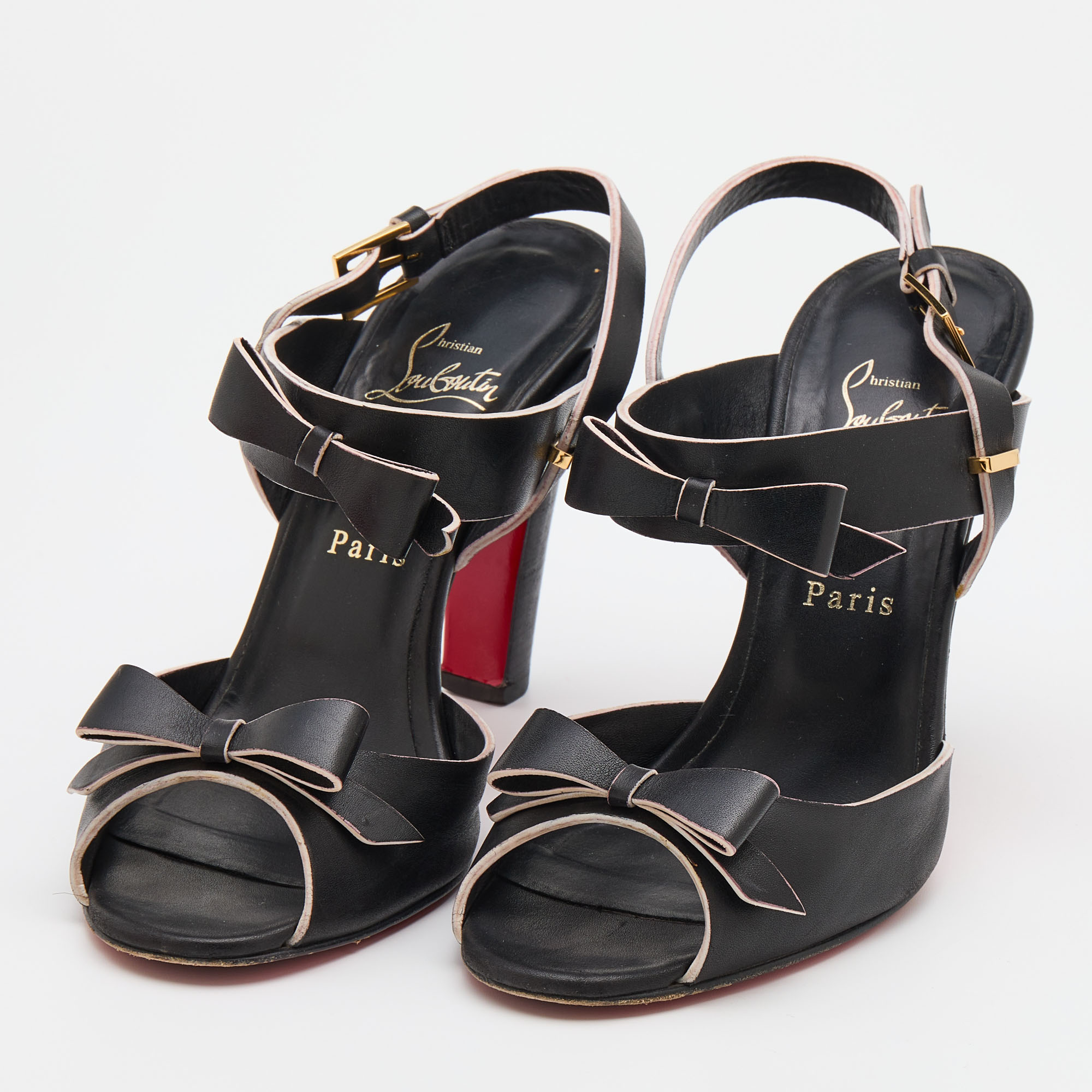 

Christian Louboutin Black Leather Bow Open Toe Ankle Strap Sandals Size