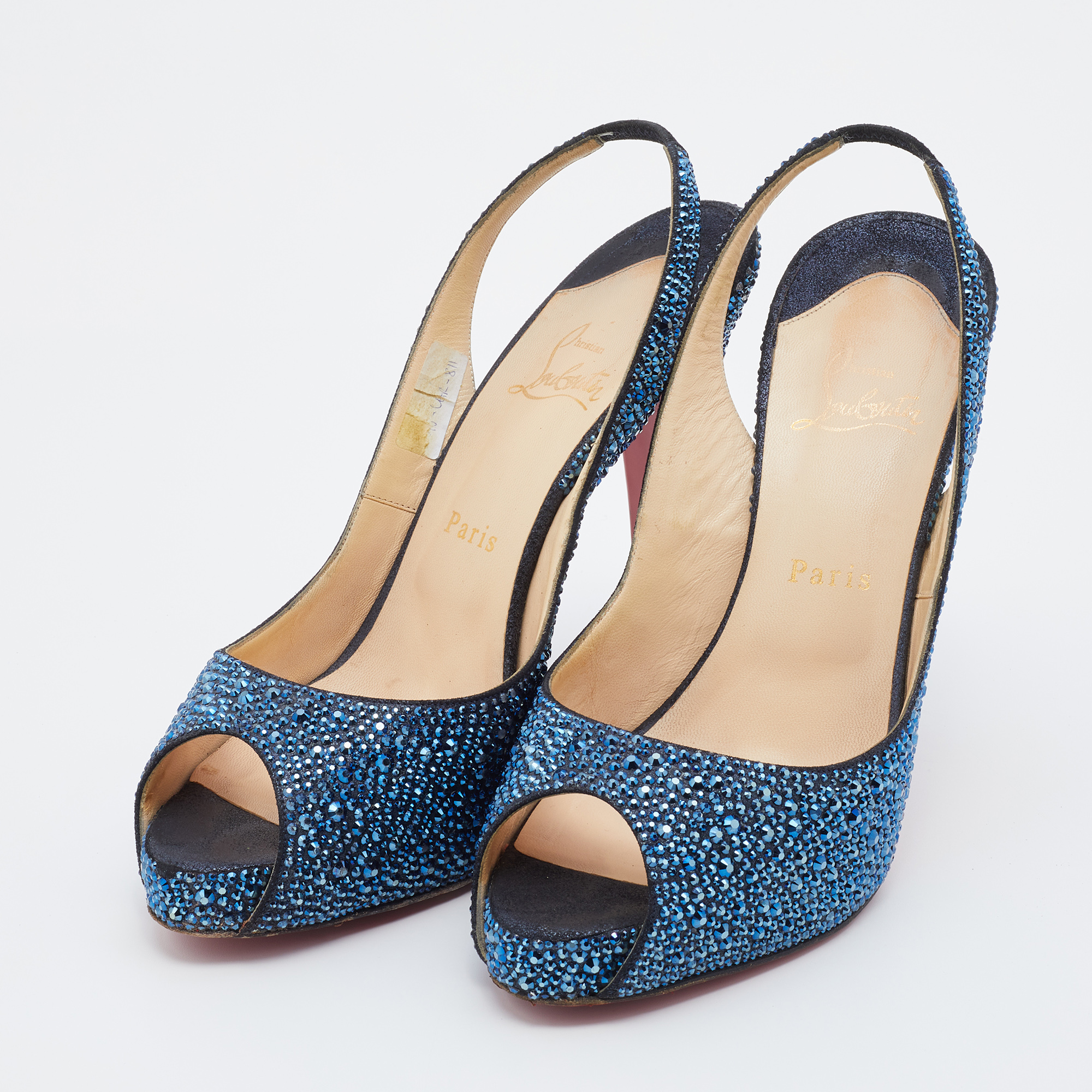 

Christian Louboutin Blue Suede Crystal Embellished N Prime Peep Toe Platform Slingback Sandals Size