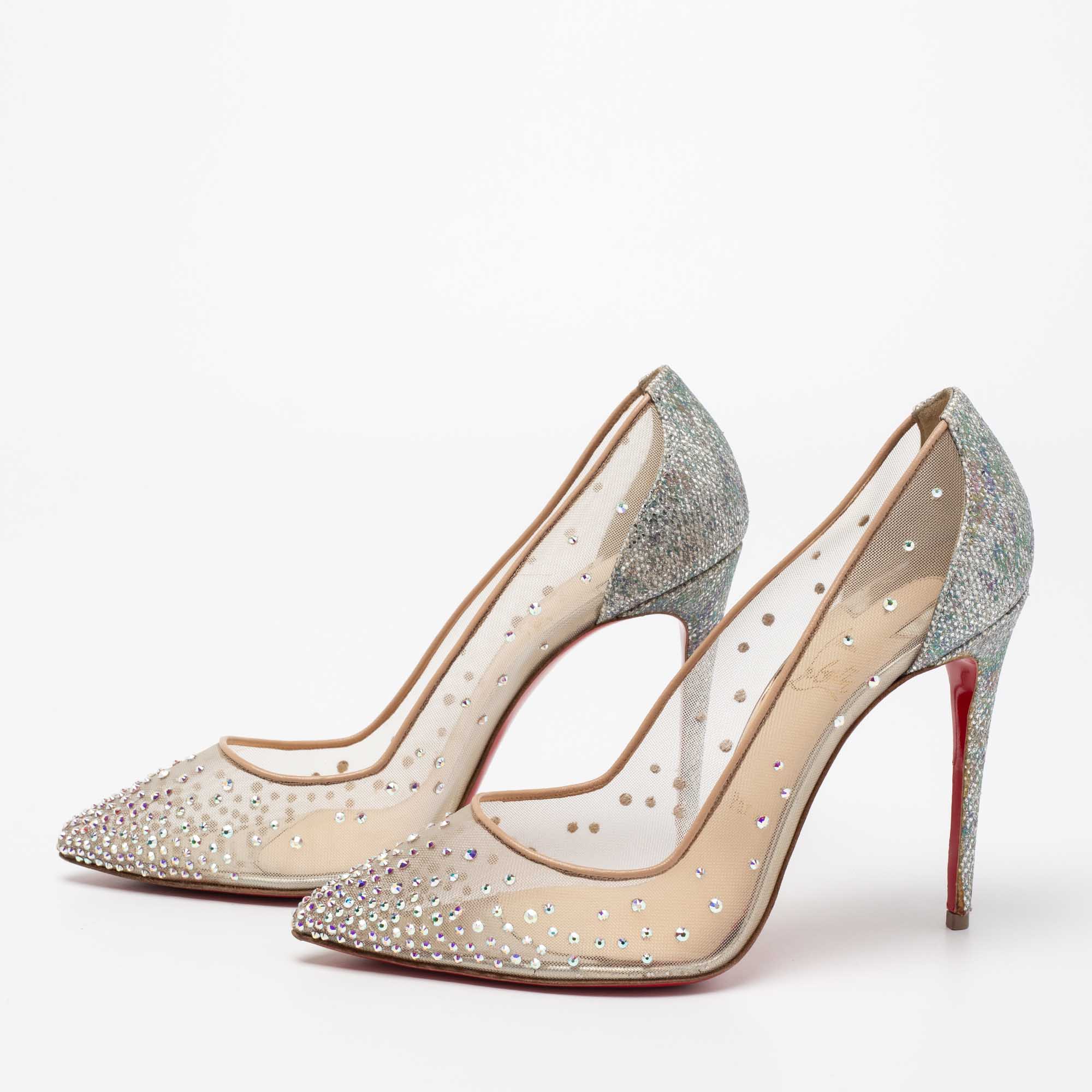 

Christian Louboutin Beige/Silver Coarse Glitter And Mesh Crystal Embellished Follies Strass Pointed Toe Pumps Size
